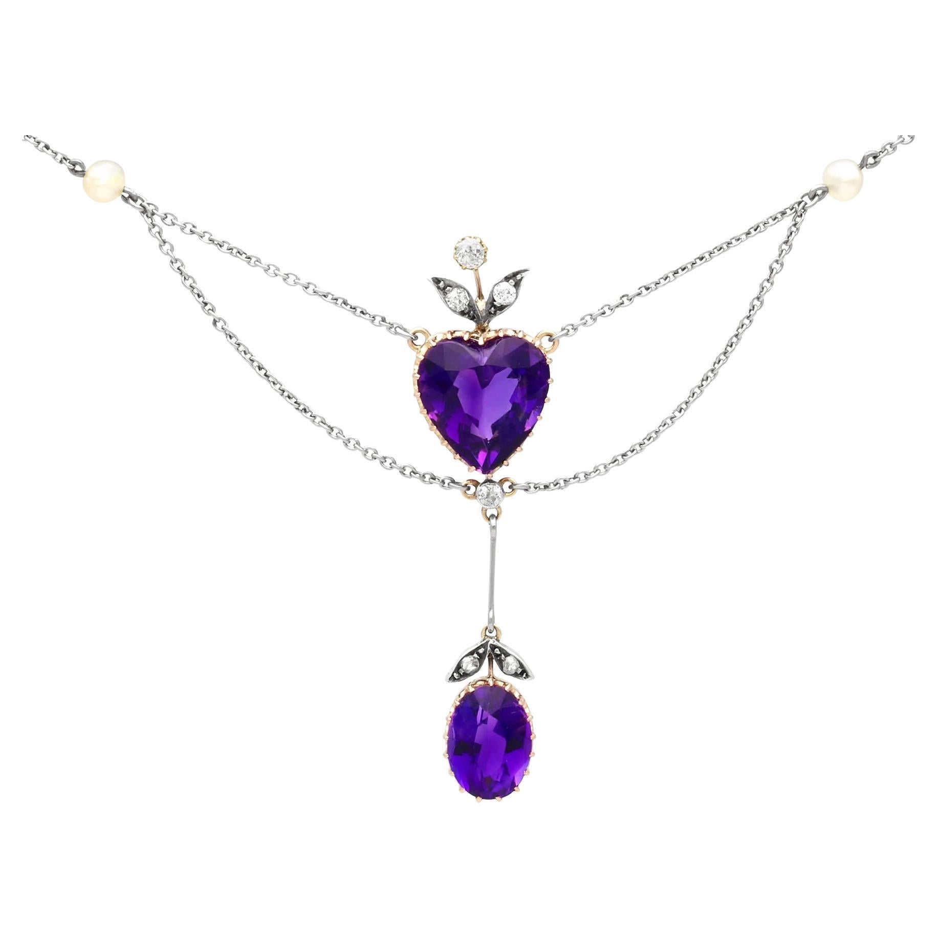 Antique 9.10Ct Amethyst Pearl and 0.20Ct Diamond 14k Yellow Gold Necklace For Sale