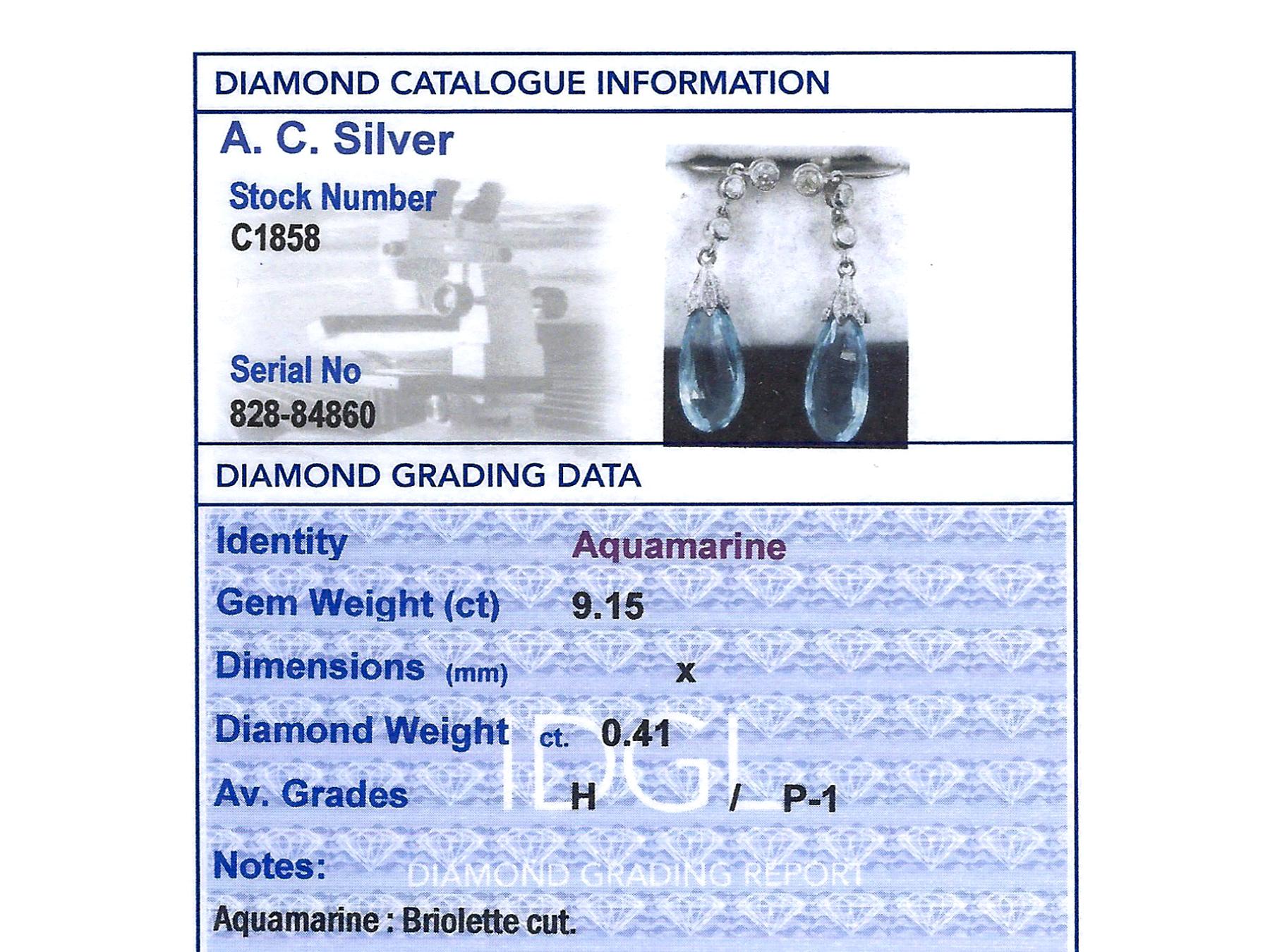 Antique 9.15 Carat Aquamarine and Diamond White Gold and Platinum Earrings 4