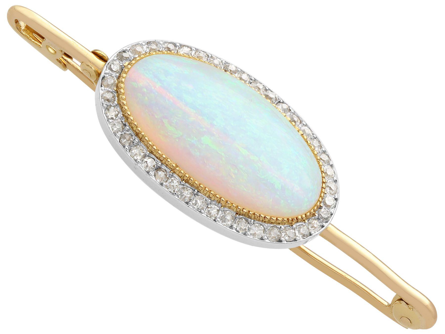 Cabochon Antique French 9.30 Carat Opal and Diamond Yellow Gold Brooch For Sale