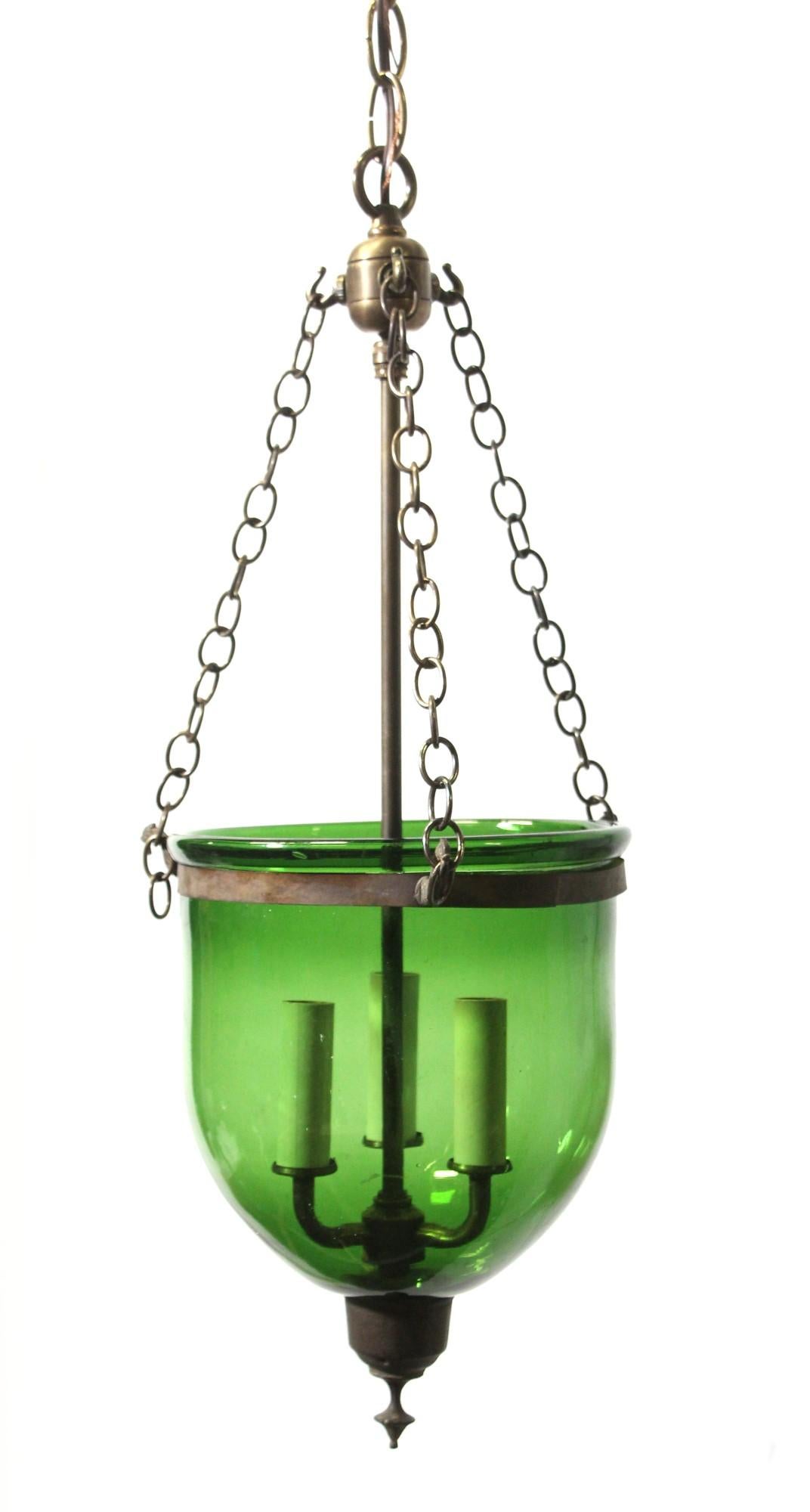 Antique Green Glass Bell Jar Light with Brass Hardware In Good Condition In New York, NY