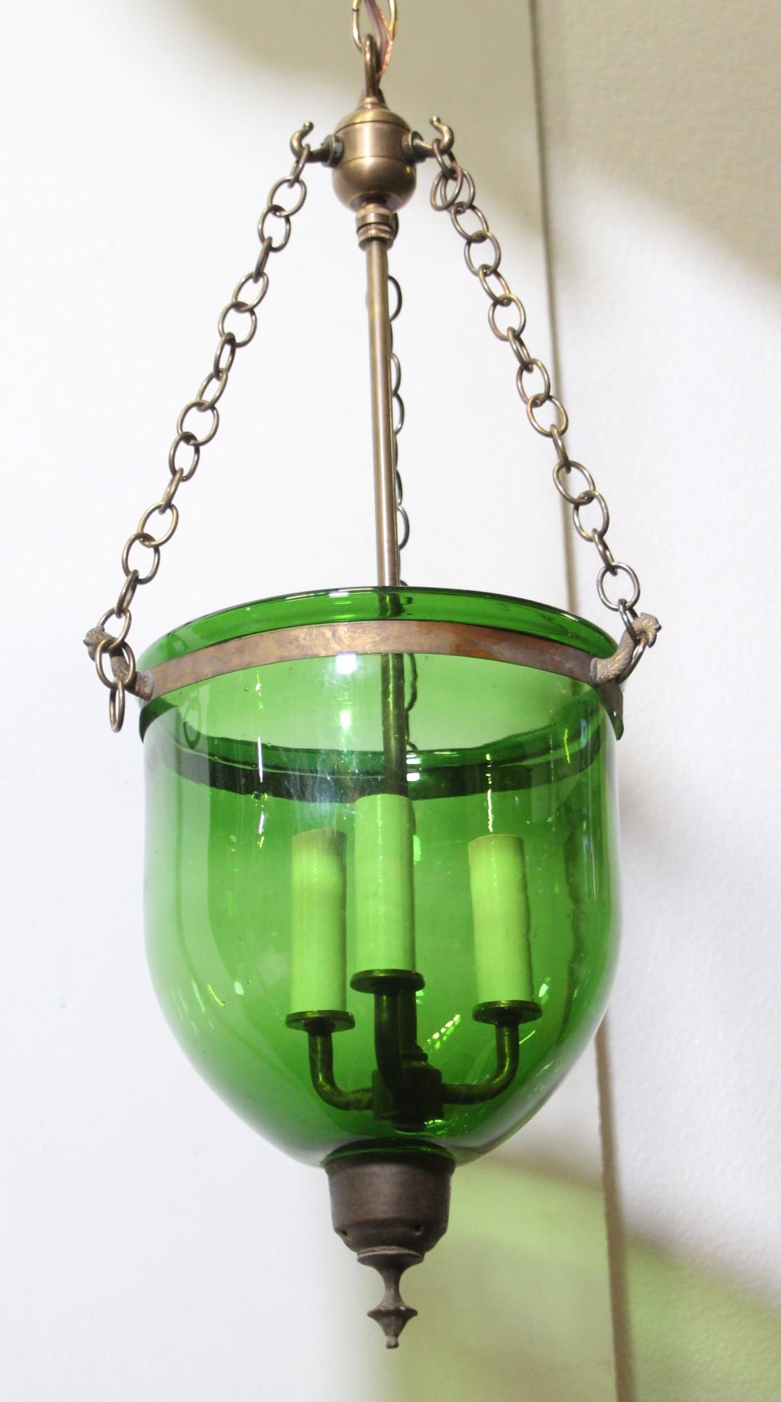20th Century Antique Green Glass Bell Jar Light with Brass Hardware