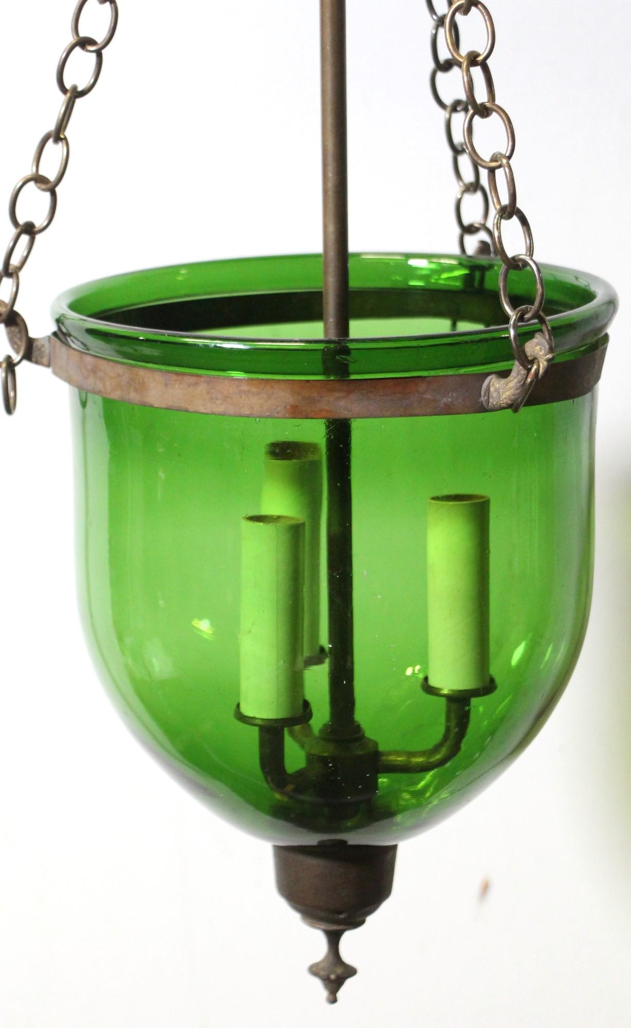 Antique Green Glass Bell Jar Light with Brass Hardware 1
