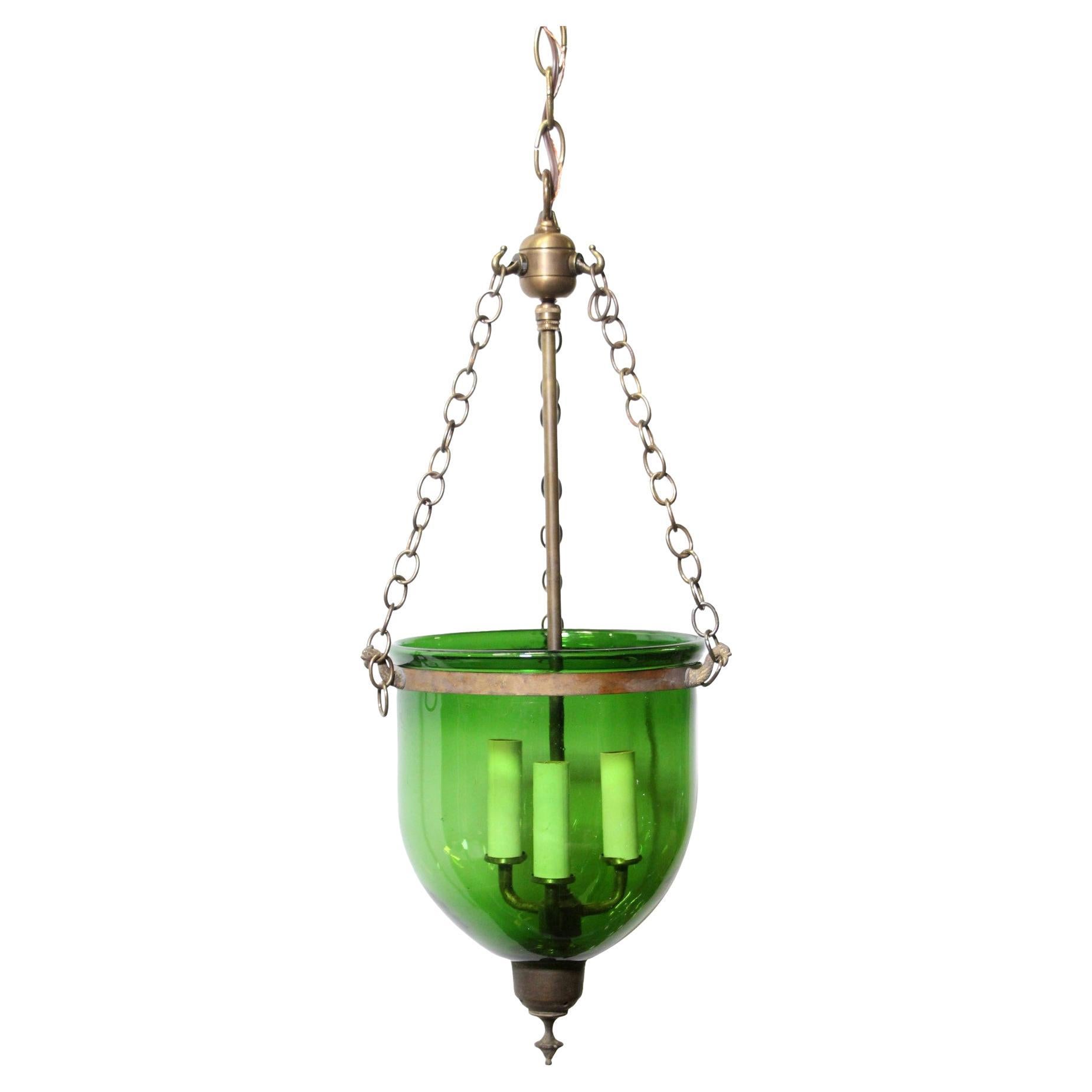 Antique Green Glass Bell Jar Light with Brass Hardware