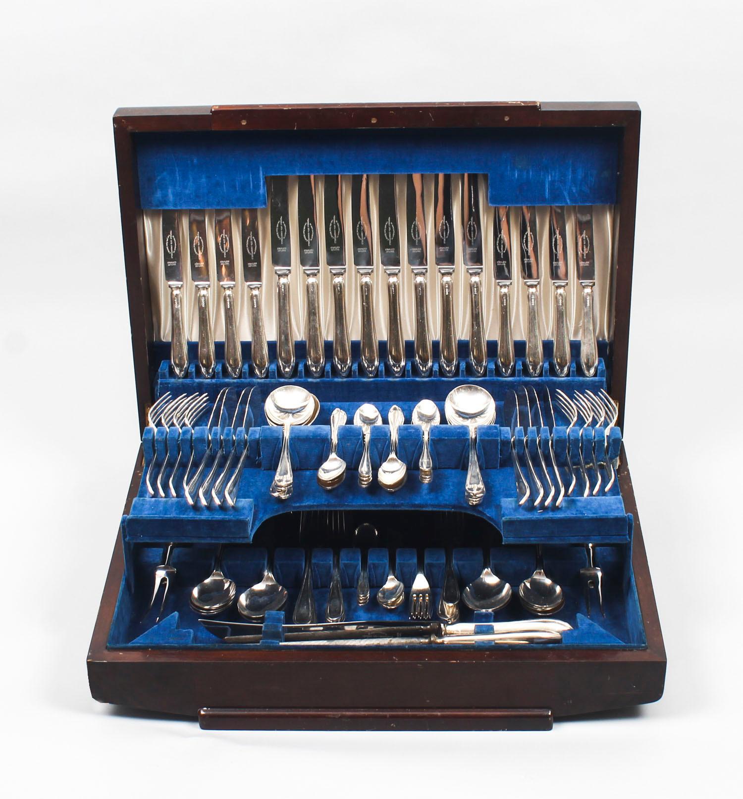 This is a wonderful 97 piece 8 place setting vintage sterling silver cutlery canteen in the original walnut case. The silver with hallmarks for Sheffield 1946 and the makers mark of the world renowned silversmith, Viners, in the elegant pointed