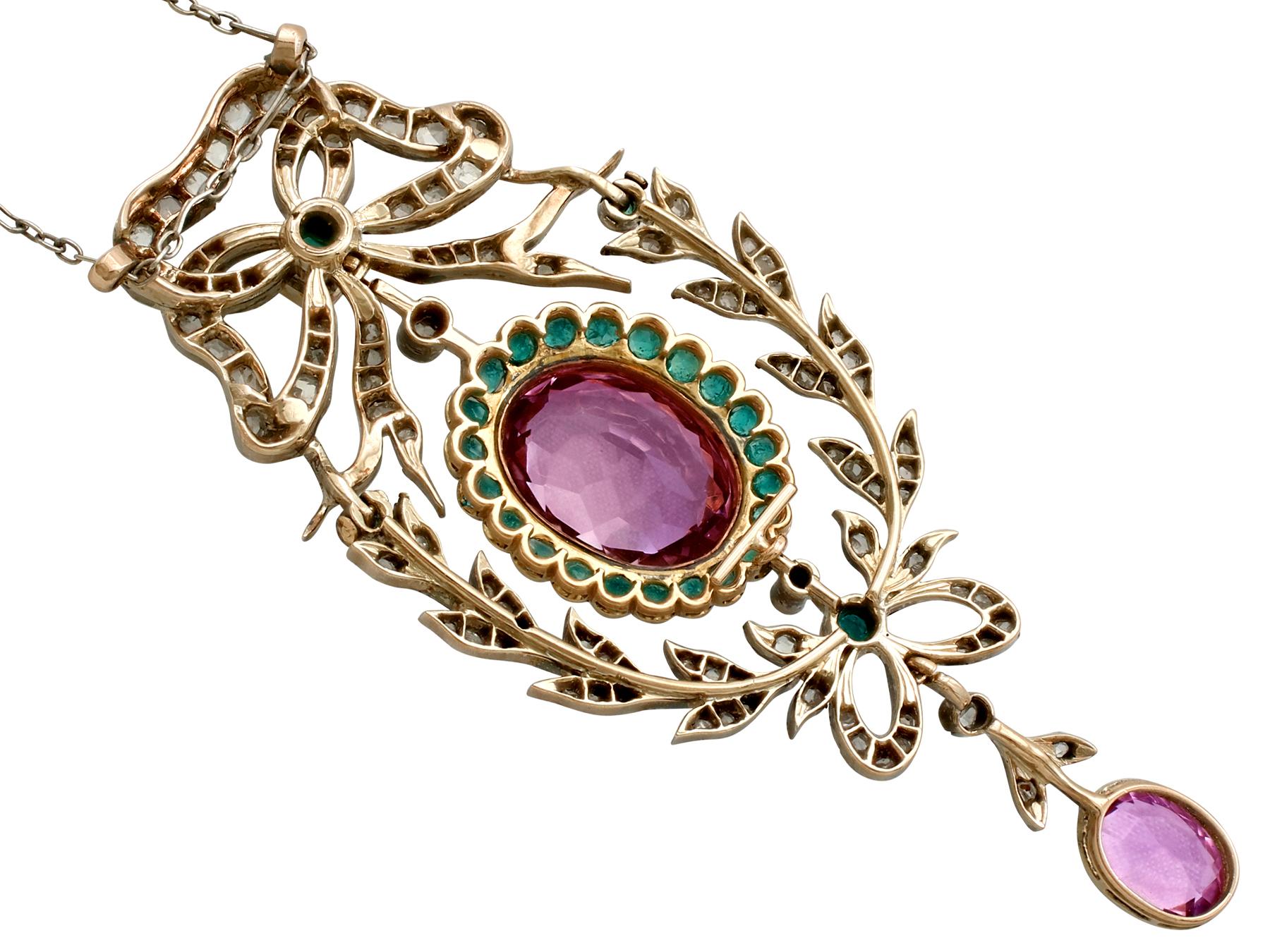Women's Antique 9.88 Carat Amethyst 1.25 Carat Emerald 1.13 Carat Diamond Gold Pendant