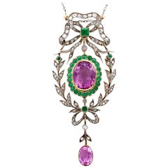 Antique 9.88 Carat Amethyst 1.25 Carat Emerald 1.13 Carat Diamond Gold Pendant