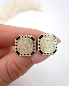 Antique 9ct Gold 1920s Art Deco Octagonal Shaped Engine Turned Enamel Cufflinks