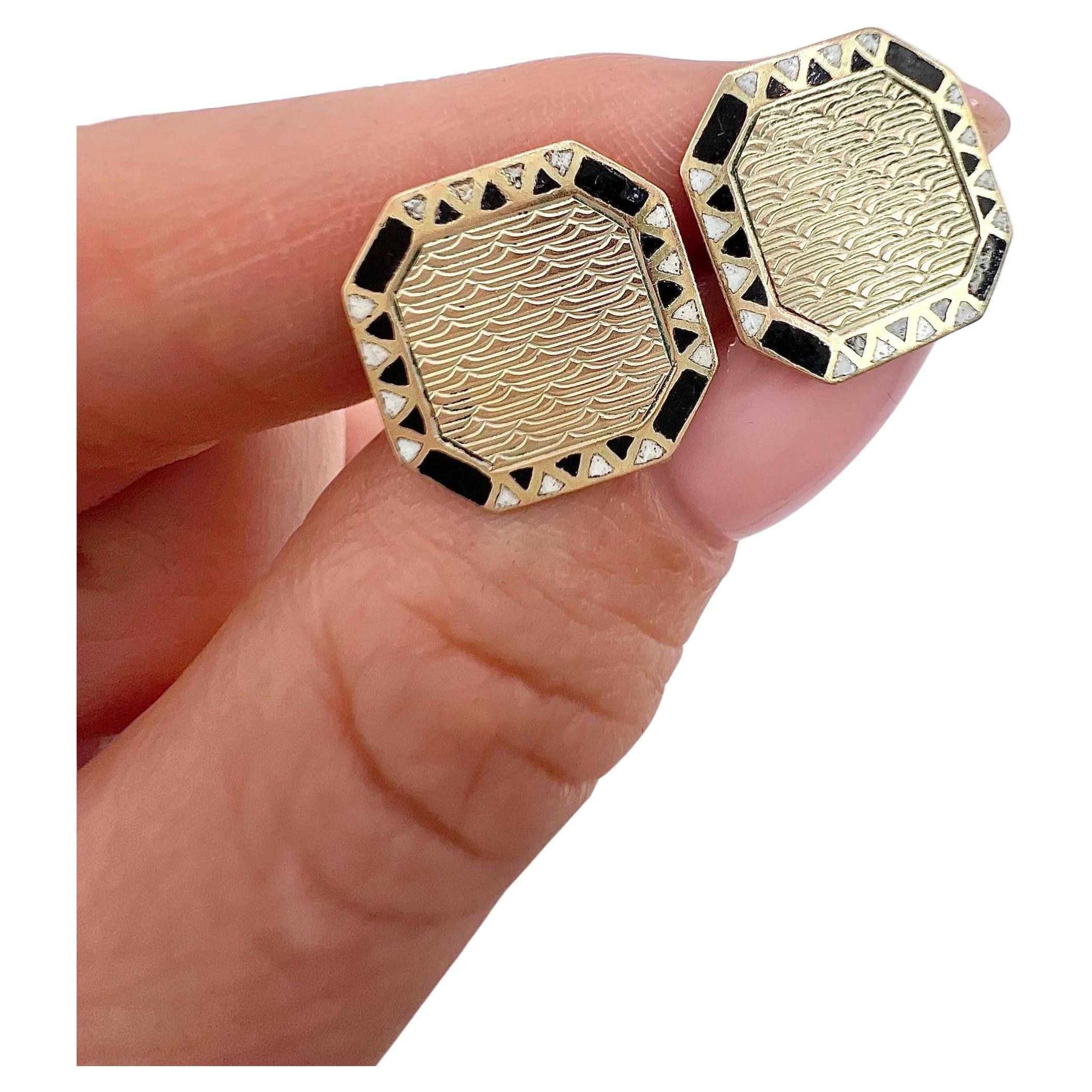 Antique 9ct Gold 1920s Art Deco Octagonal Shaped Engine Turned Enamel Cufflinks