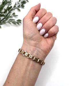 Pulsera antigua de oro de 9 quilates, de los años 20, con eslabones decorativos y cierre de candado en forma de corazón