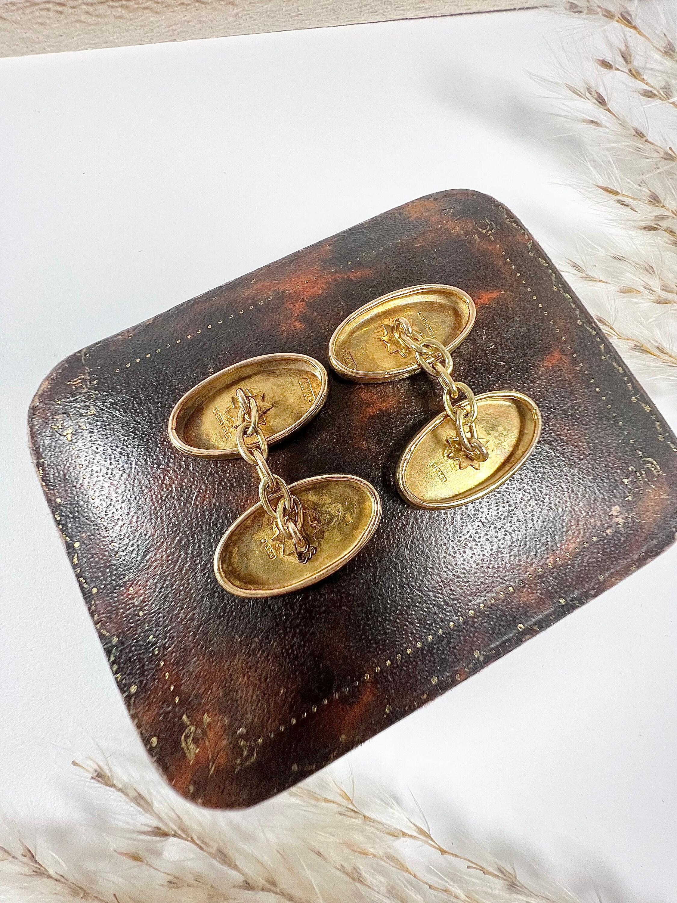Antique 9ct Gold 1920’s Floral Design Oval Cufflinks In Good Condition For Sale In Brighton, GB