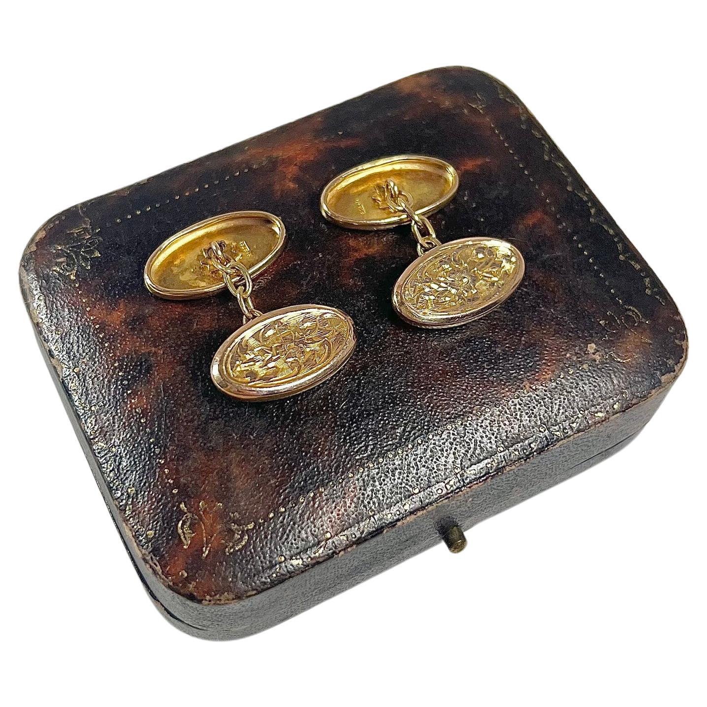 Antique 9ct Gold 1920’s Floral Design Oval Cufflinks For Sale