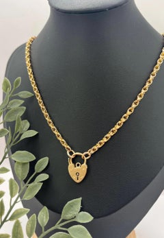 Antique 9ct Gold, 21 Inch Fancy Link Chain Necklace with Heart Padlock Clasp