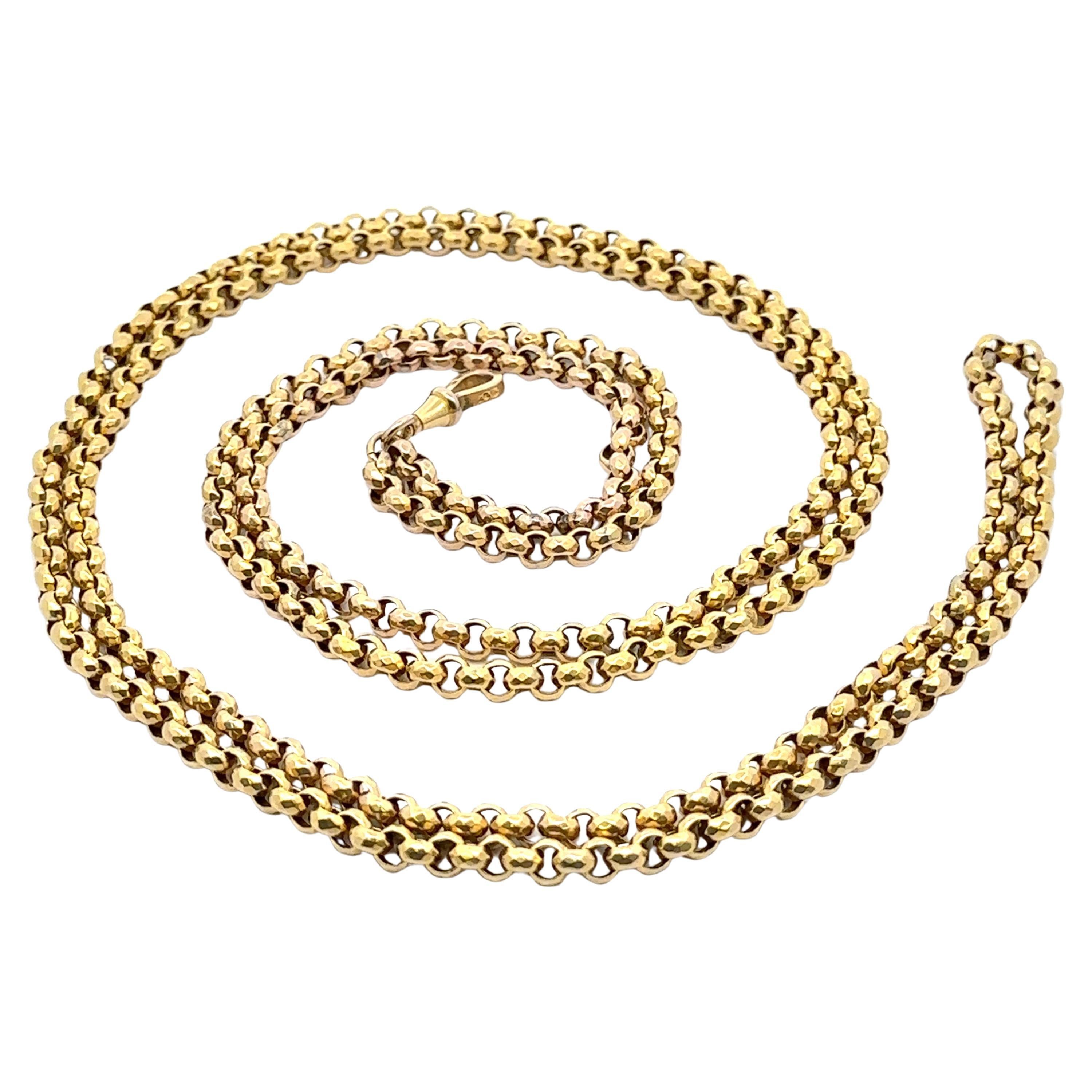 Antique 9ct Gold 59" Long Hammered Faceted Wrap Rolo Link Chain w/ Dog Clip For Sale