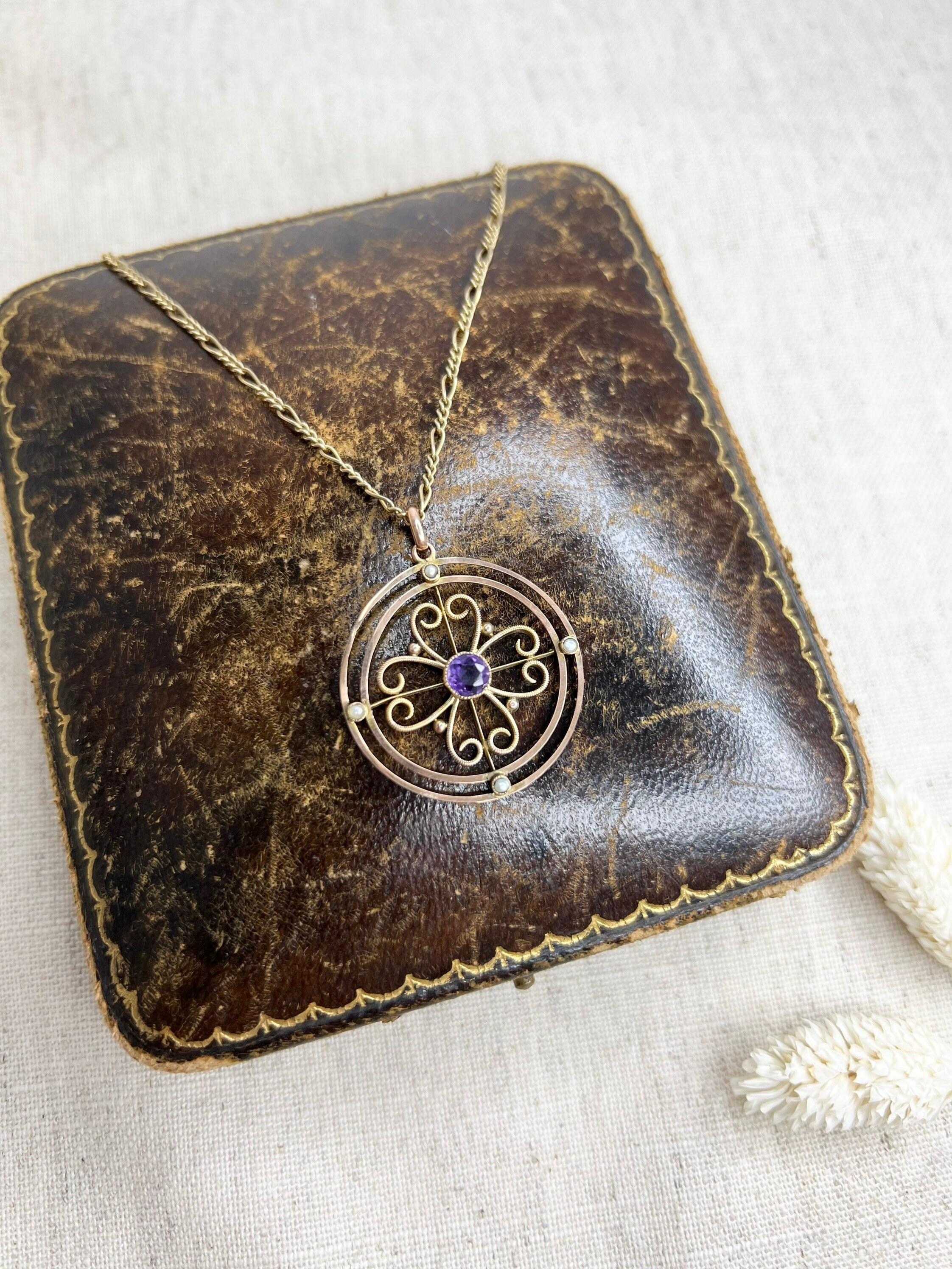 Antique 9ct Gold Amethyst & Seed Pearl Pendant For Sale 1