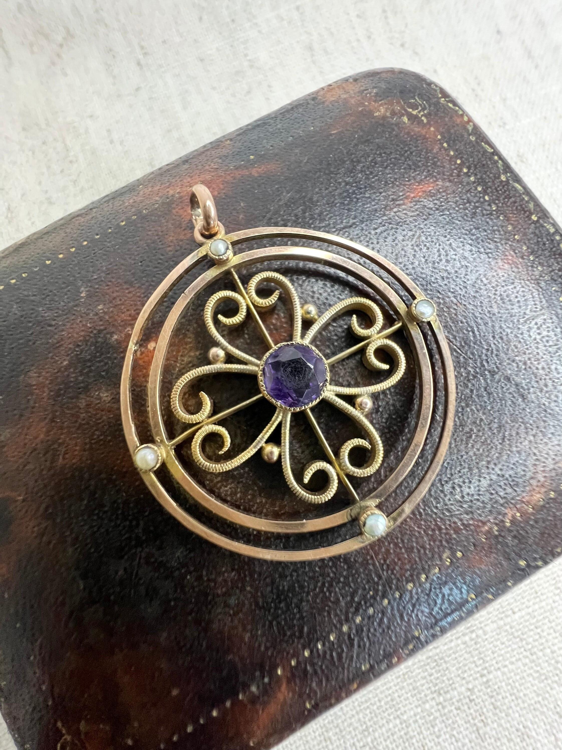 Antique 9ct Gold Amethyst & Seed Pearl Pendant For Sale 2