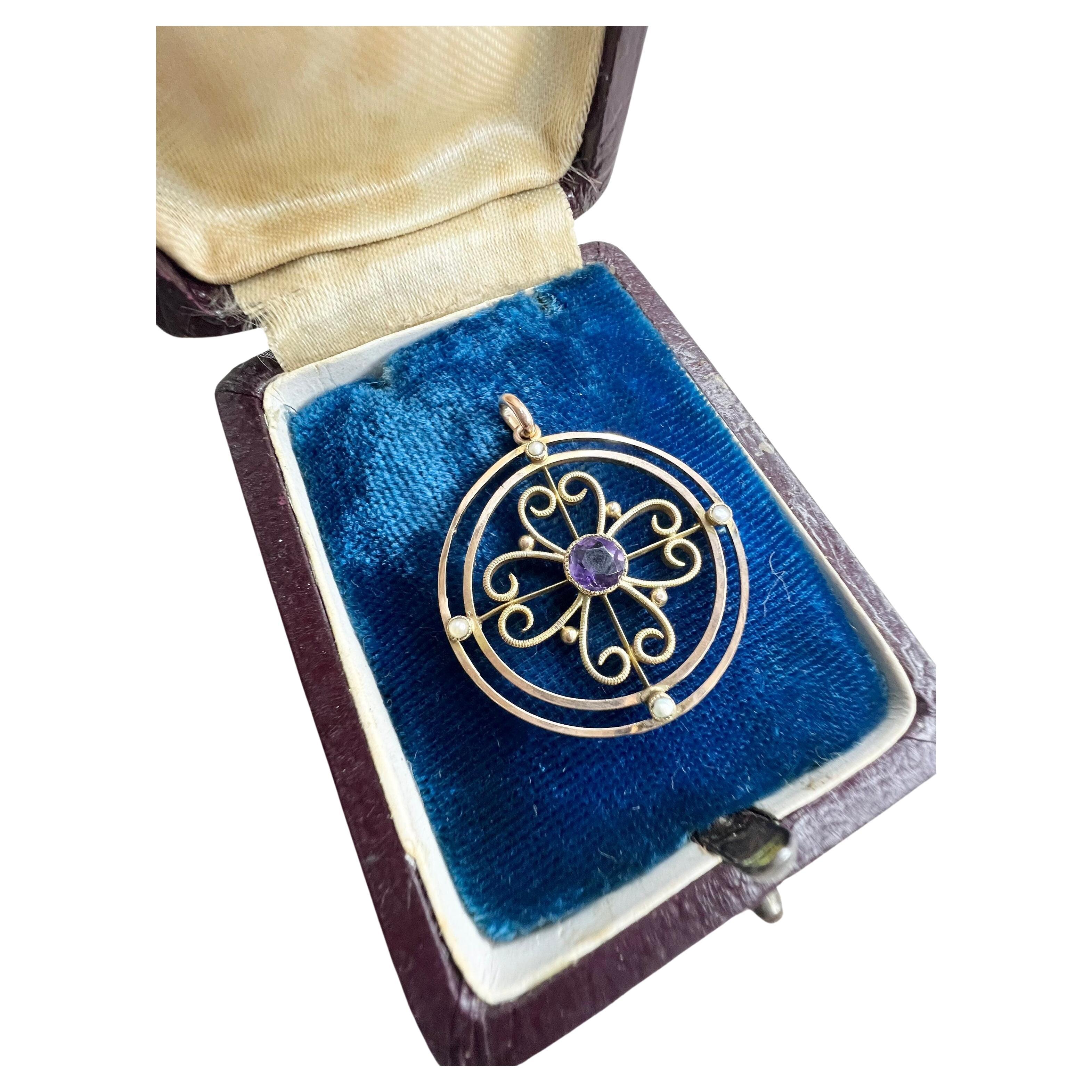 Antique 9ct Gold Amethyst & Seed Pearl Pendant For Sale