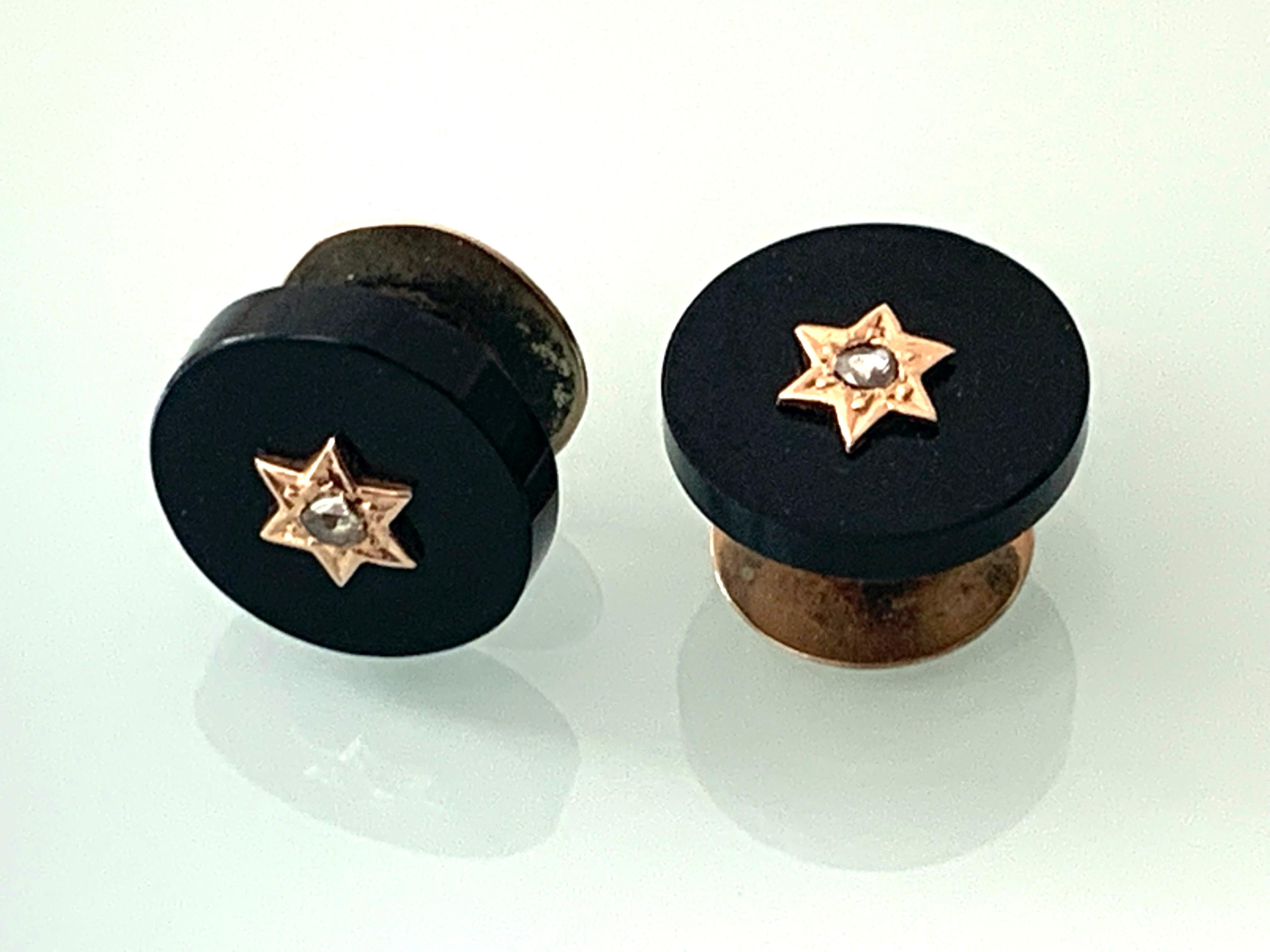 Beautiful Antique Black Onyx & Diamond Antique Shirt Button Hole Studs
with 9ct Gold backs
The diamonds are Natural and mine cut 
Diamond Size approx 2.5mm x 2.5mm
set with 9ct gold stars
Slight damage to one please see read condition