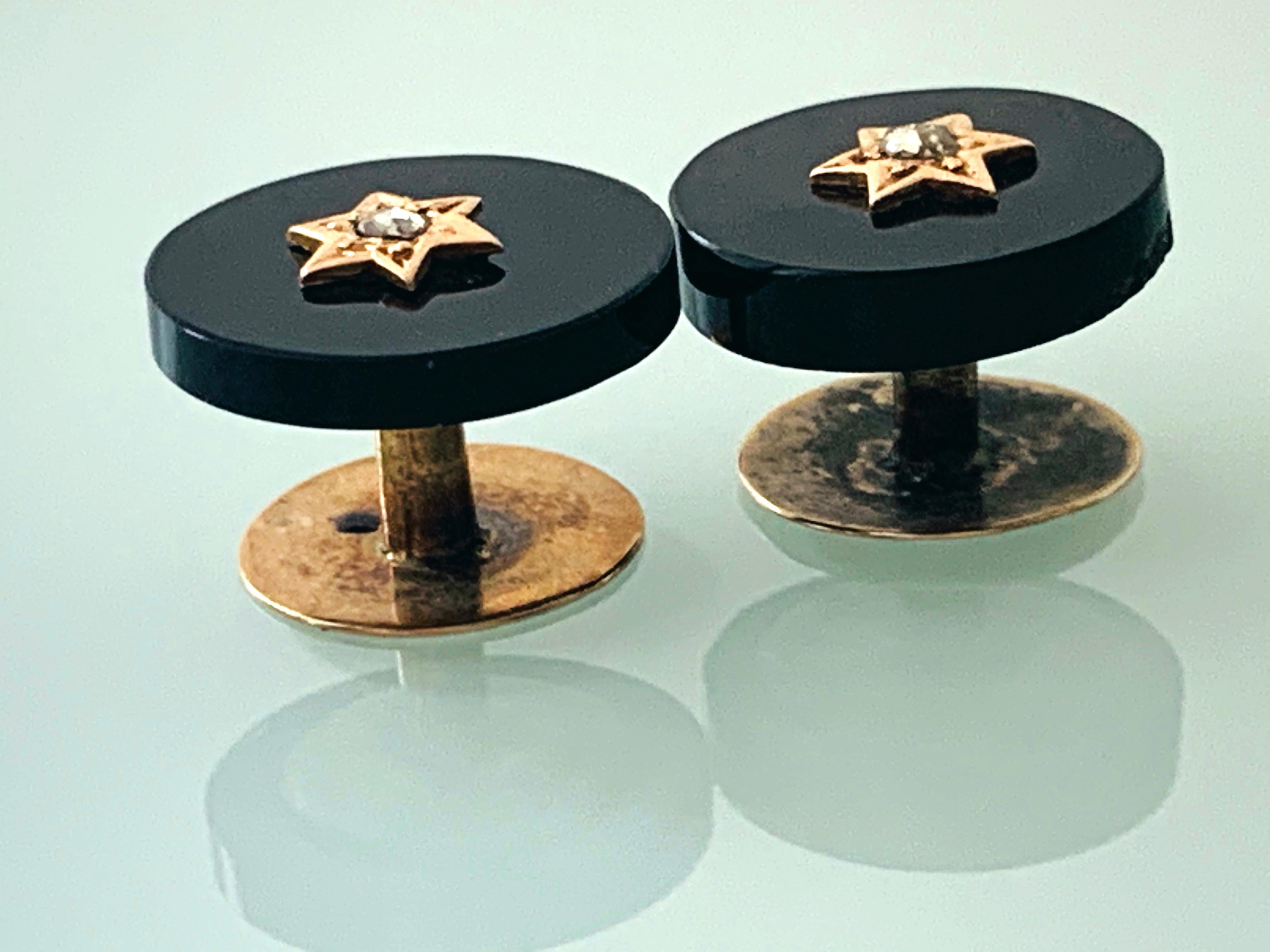 Antique 9ct Gold, Black Onyx & Diamond Shirt Button Hole Studs In Good Condition For Sale In London, GB