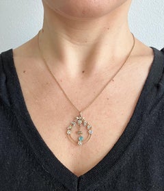 Antique 9ct Gold Blue Topaz & Pearl Pendant, Circa 1910