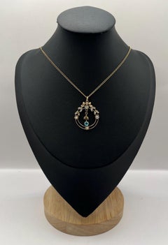 Antique 9ct Gold Blue Topaz & Pearl Pendant, Circa 1910