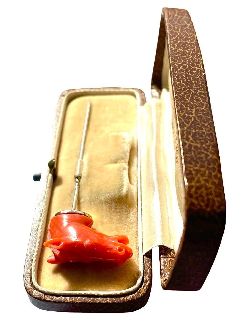 Antique 9ct gold carved coral horse stick tie pin in original box, Equestrian 9k For Sale 5