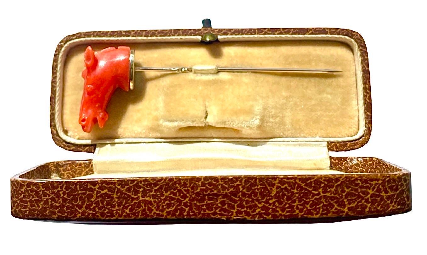 Antique 9ct gold carved coral horse stick tie pin in original box, Equestrian 9k For Sale 6