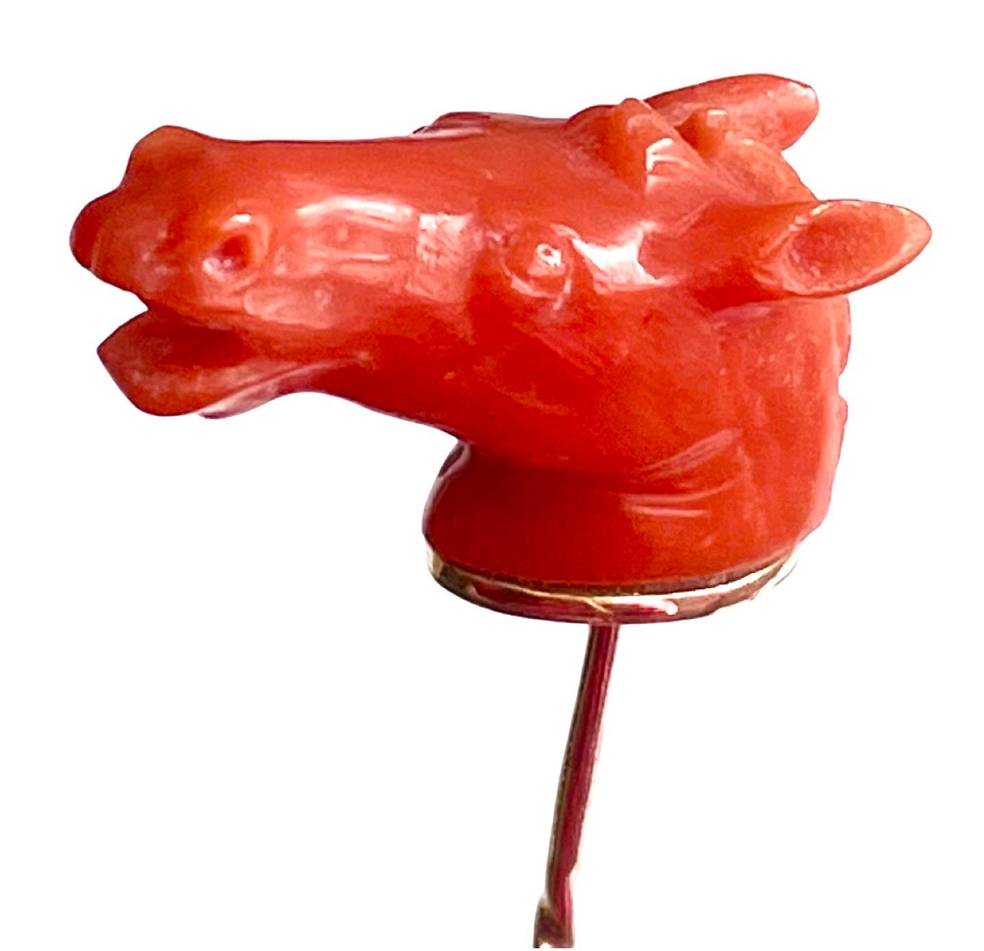 Mixed Cut Antique 9ct gold carved coral horse stick tie pin in original box, Equestrian 9k For Sale
