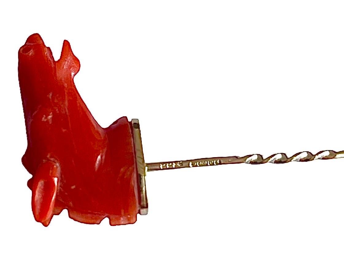 Antique 9ct gold carved coral horse stick tie pin in original box, Equestrian 9k For Sale 1