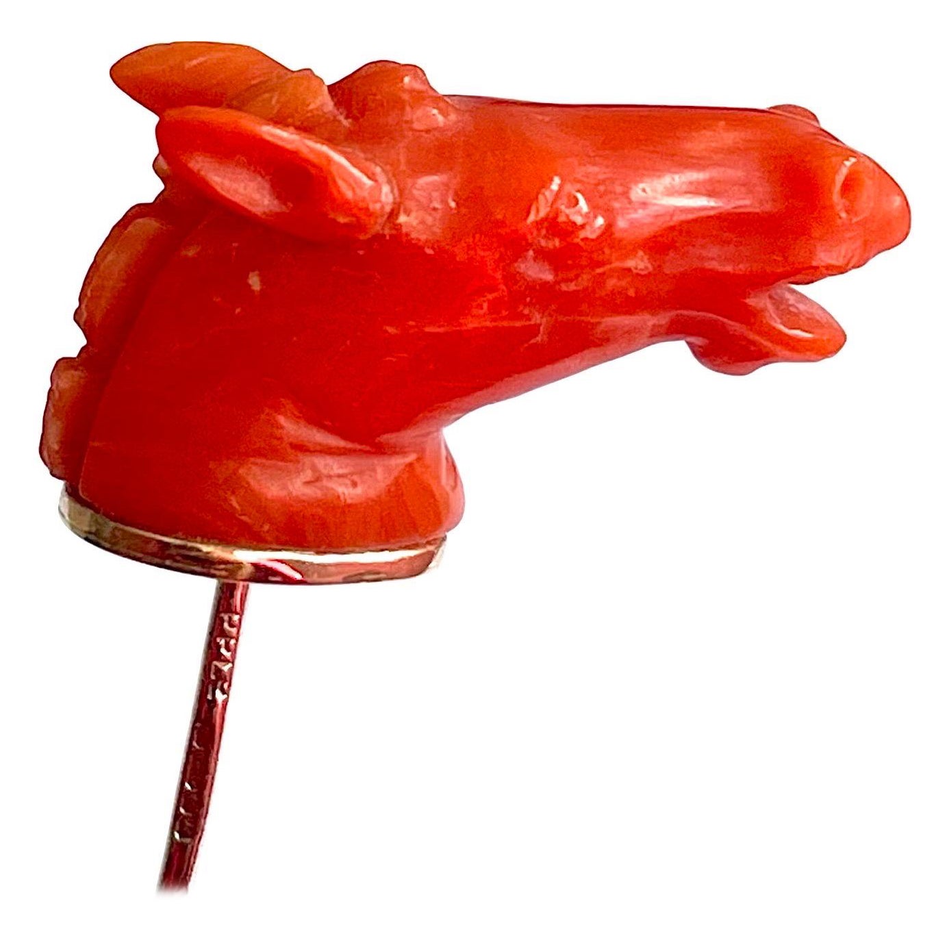 Antique 9ct gold carved coral horse stick tie pin in original box, Equestrian 9k For Sale
