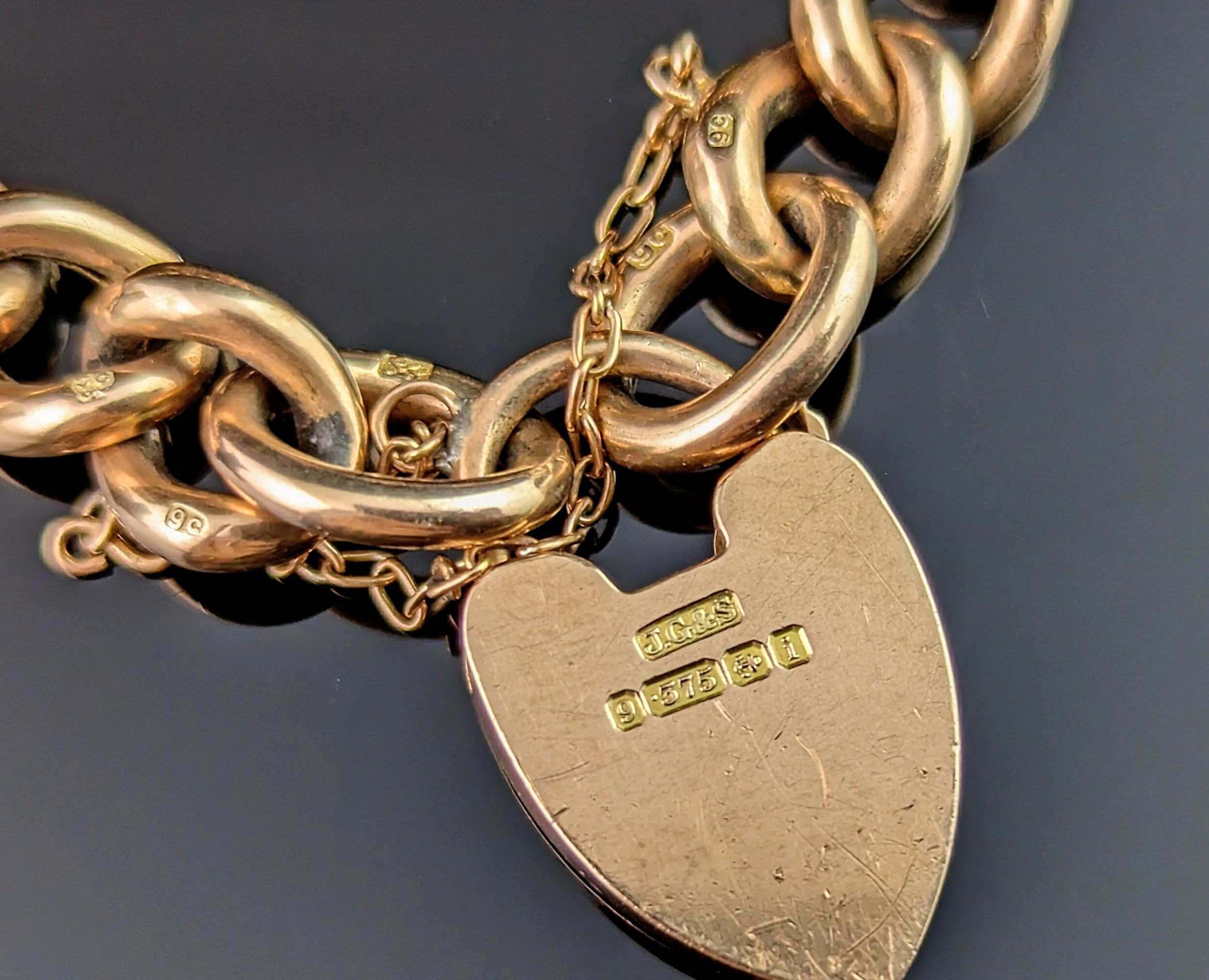 Antique 9ct gold curb link bracelet, Edwardian, Heart padlock  5