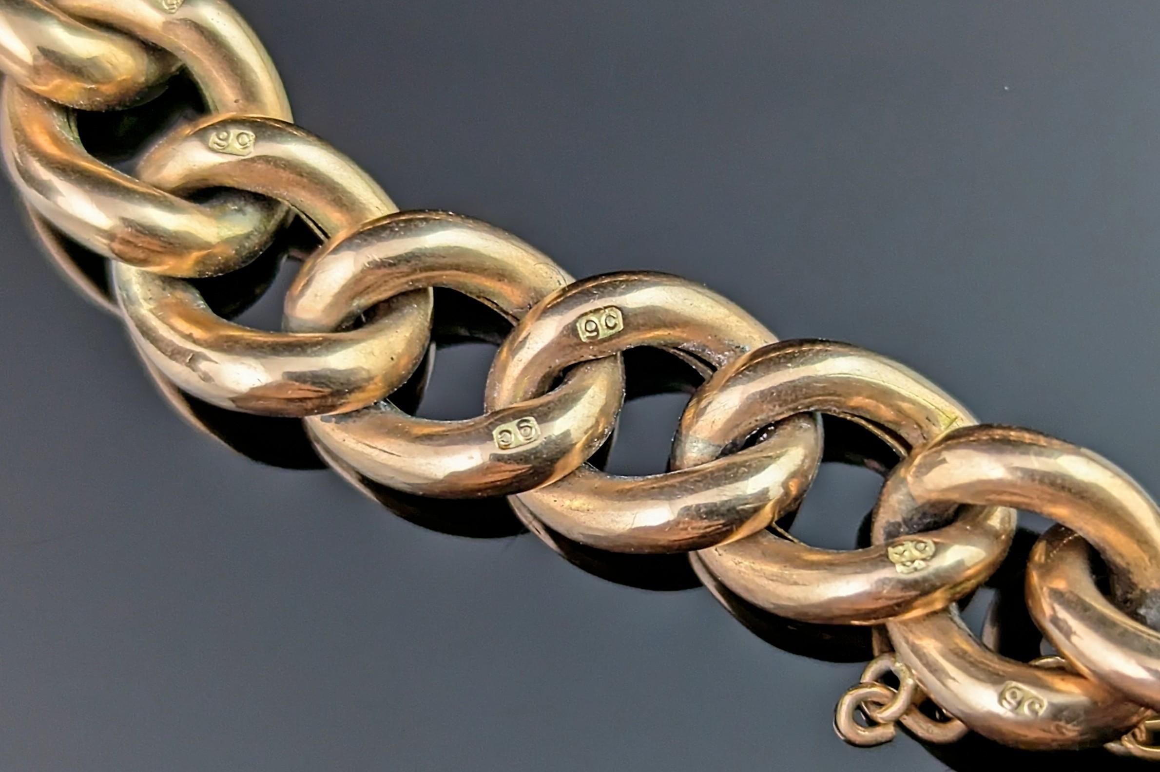 Antique 9ct gold curb link bracelet, Edwardian, Heart padlock  6