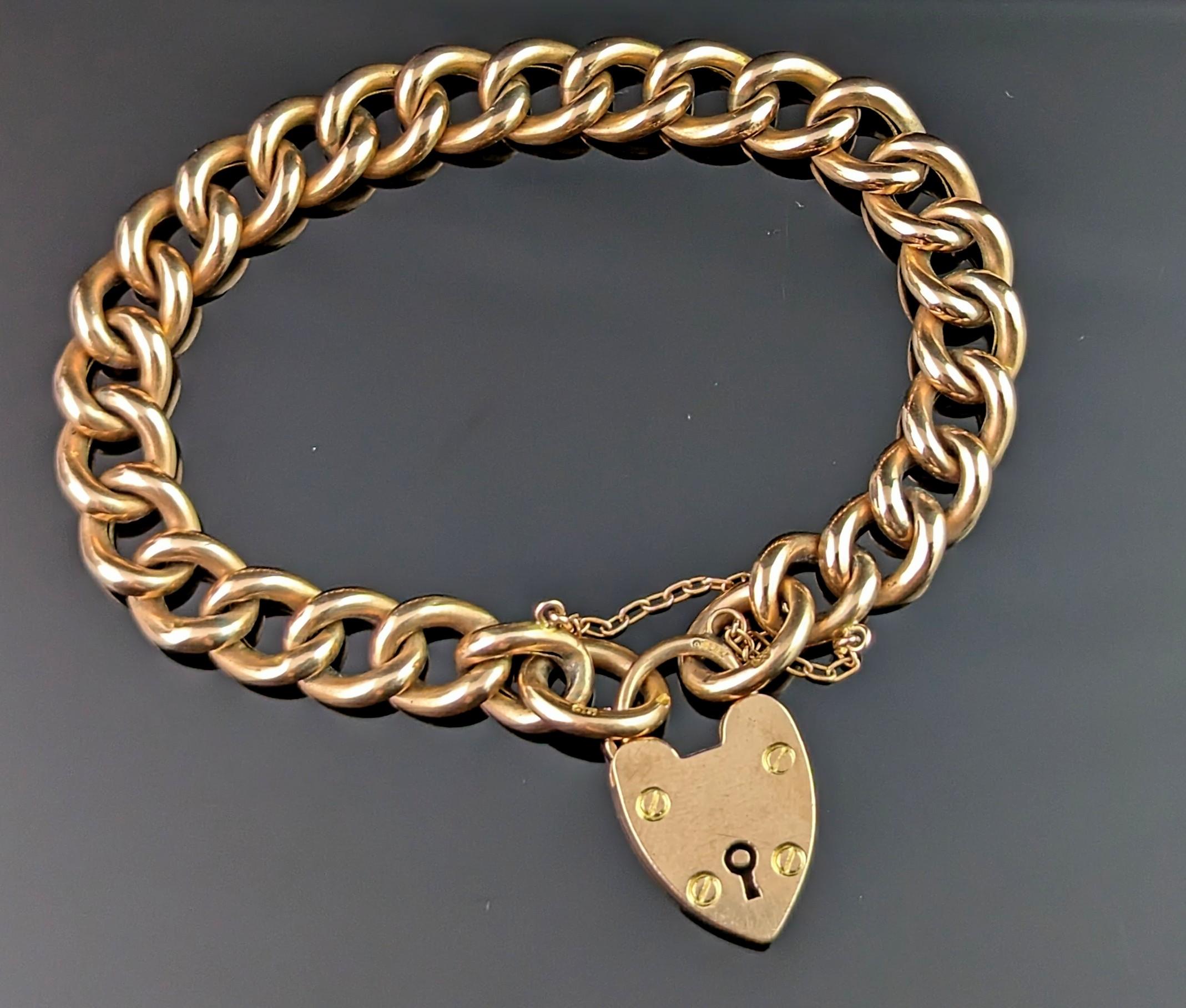 Antique 9ct gold curb link bracelet, Edwardian, Heart padlock  2