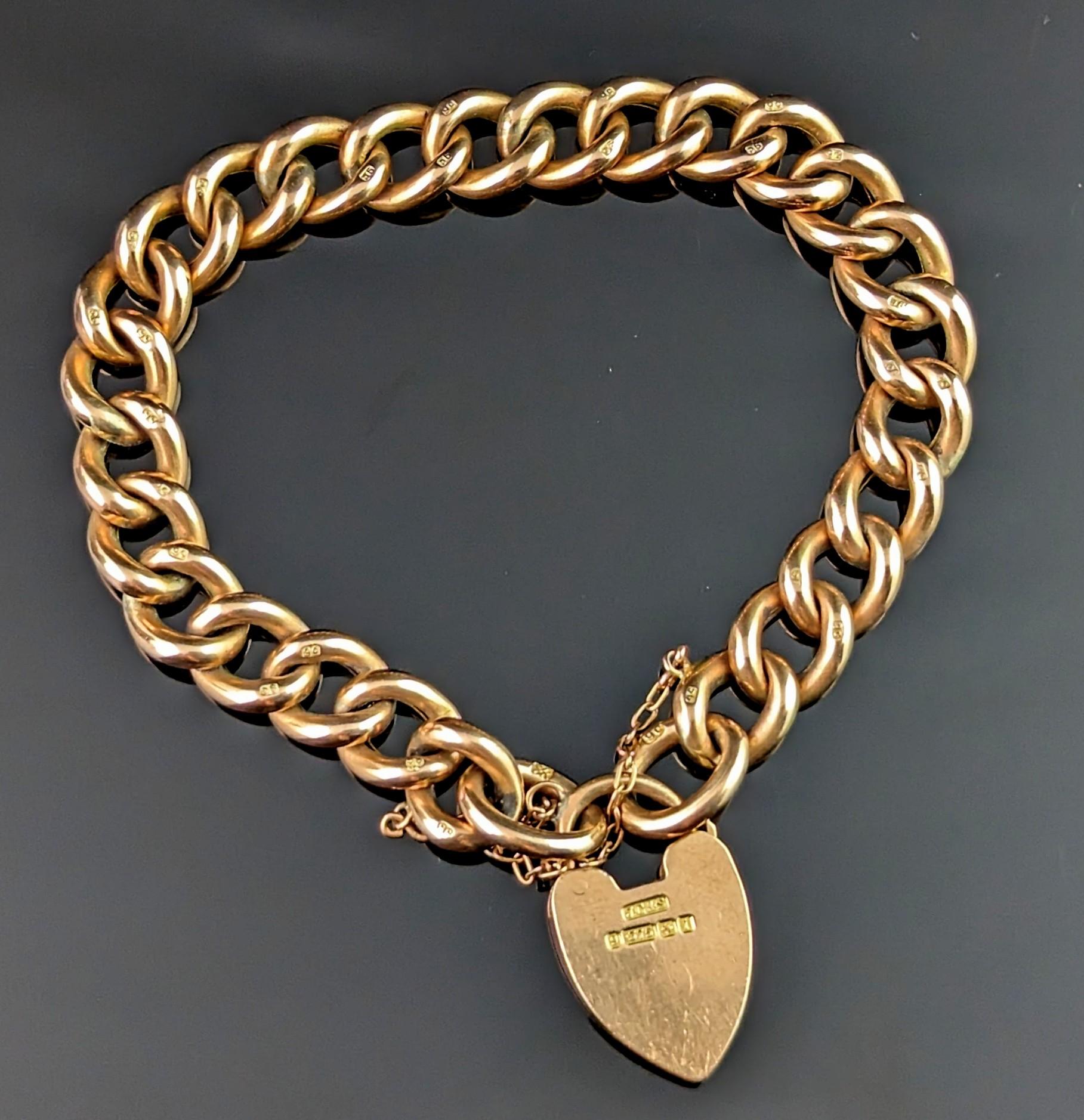 Antique 9ct gold curb link bracelet, Edwardian, Heart padlock  4