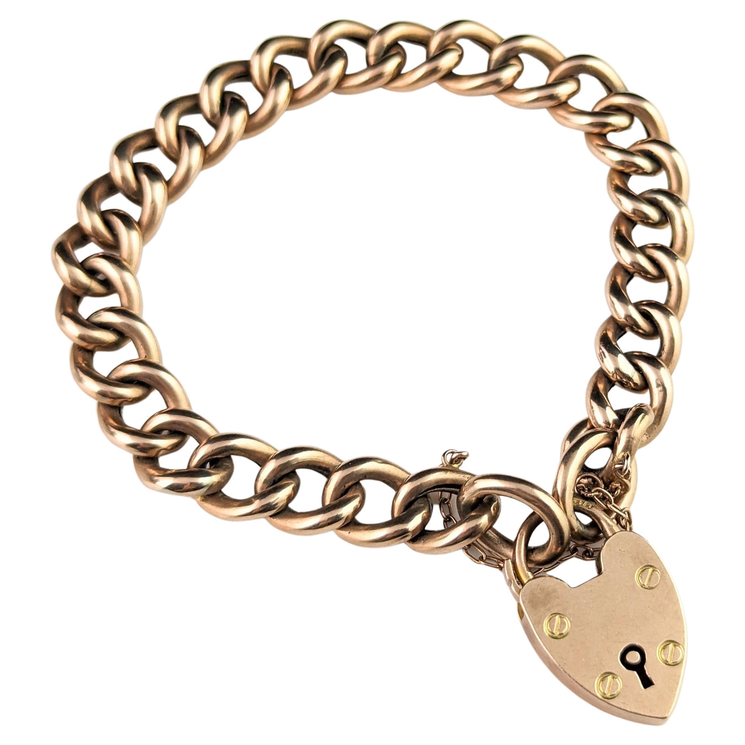 Antique 9ct gold curb link bracelet, Edwardian, Heart padlock 