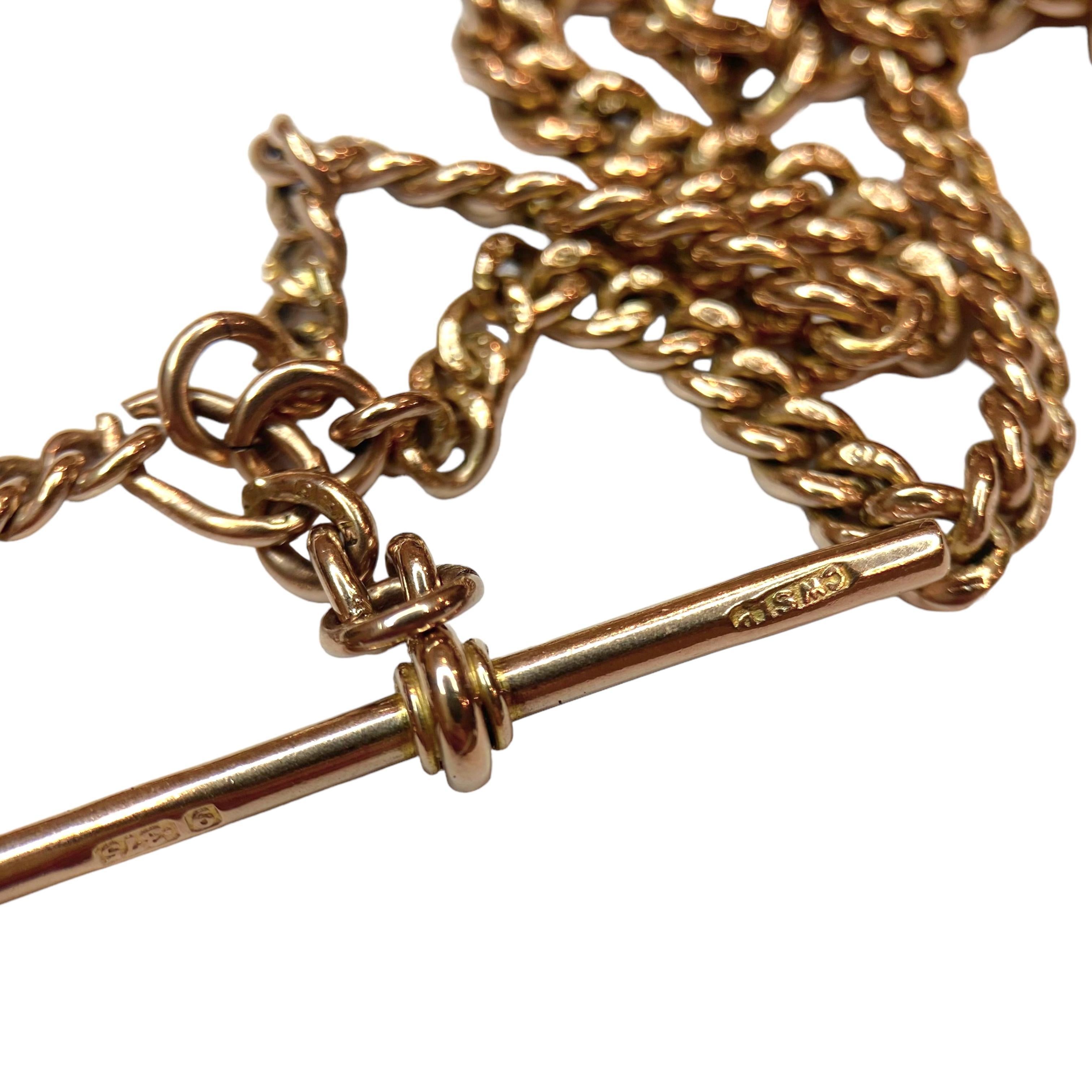 Antique 9ct Gold Curb Link Double Dog Clip Albert Watch Chain Necklace & Medal In Good Condition In Henderson, NV