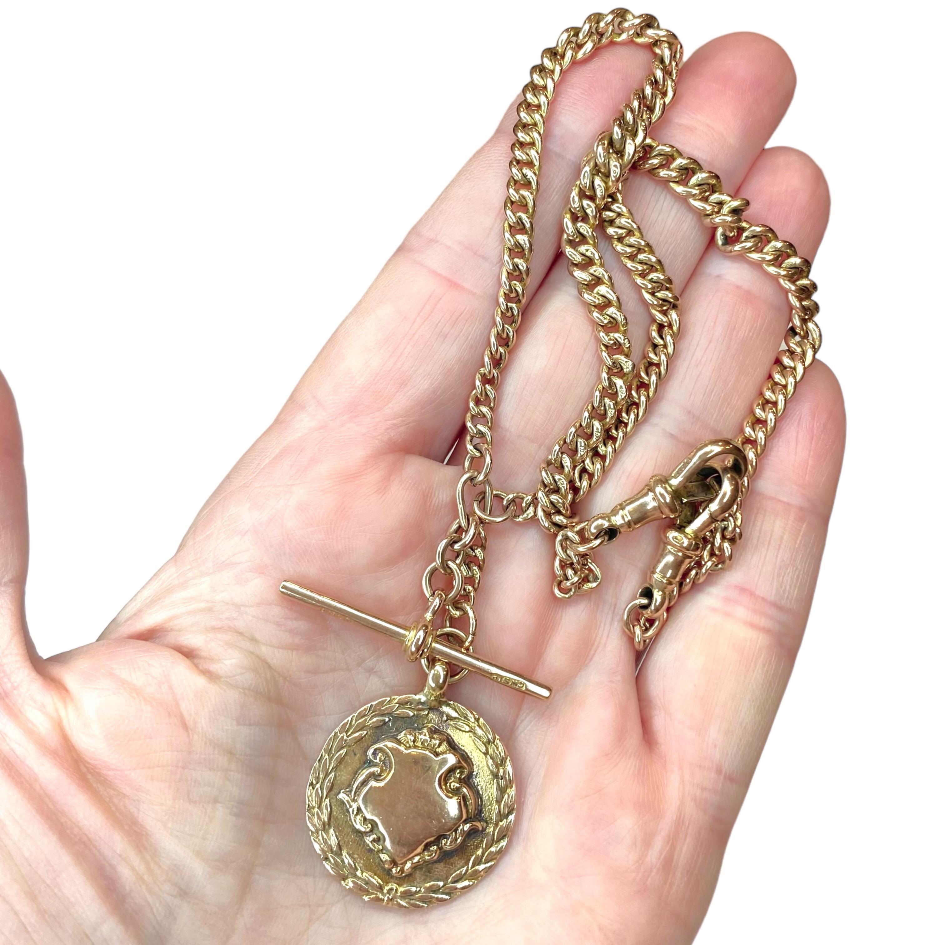 Antique 9ct Gold Curb Link Double Dog Clip Albert Watch Chain Necklace & Medal 2