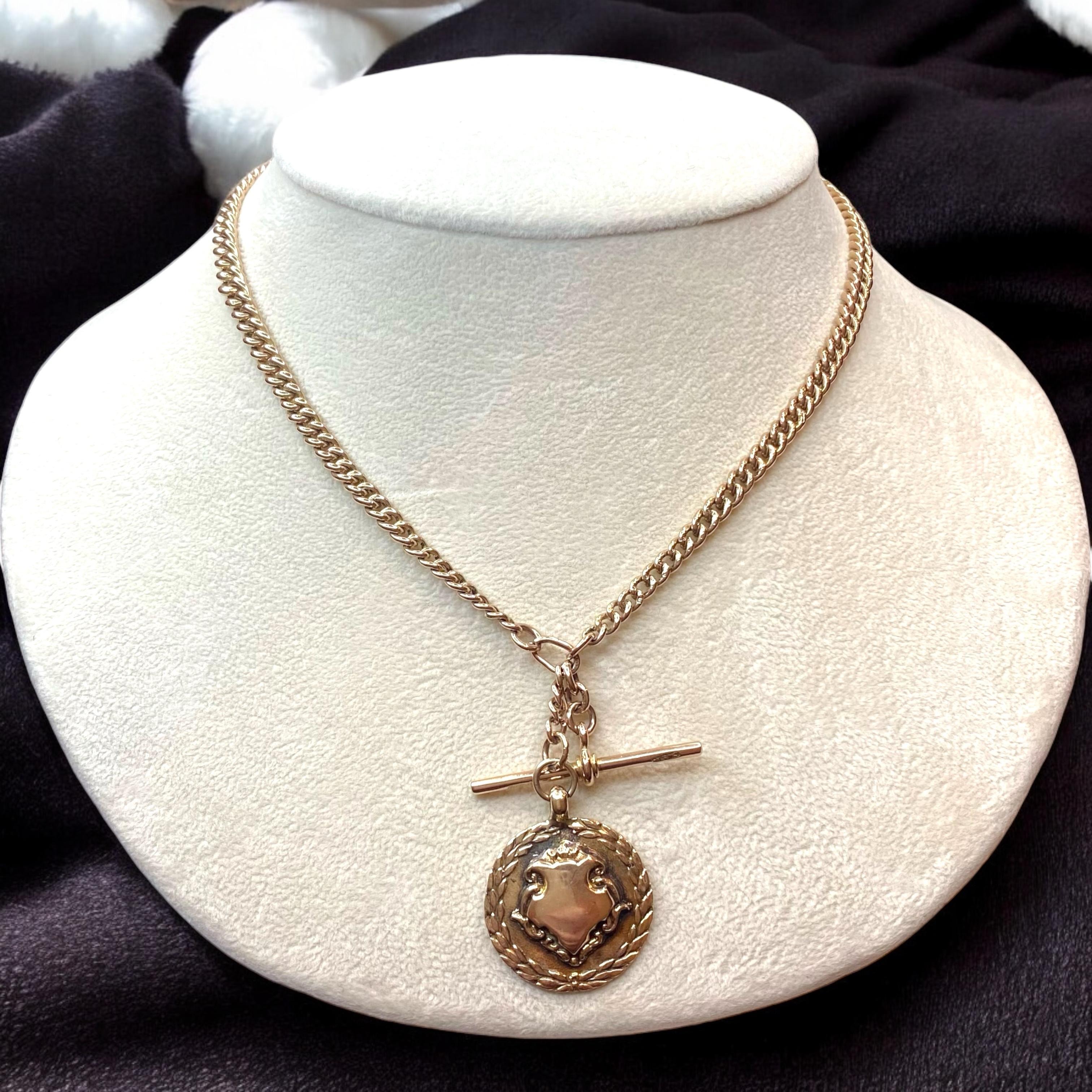 Antique 9ct Gold Curb Link Double Dog Clip Albert Watch Chain Necklace & Medal 3