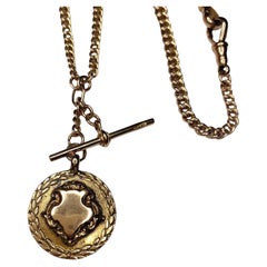 Antique 9ct Gold Curb Link Double Dog Clip Albert Watch Chain Necklace & Medal