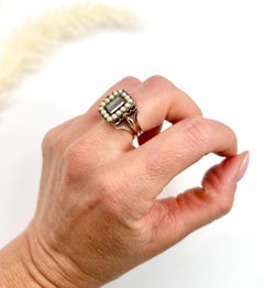 Antique 9ct Gold, Early Victorian Seed Pearl & Carnelian Spinner Memorial Ring