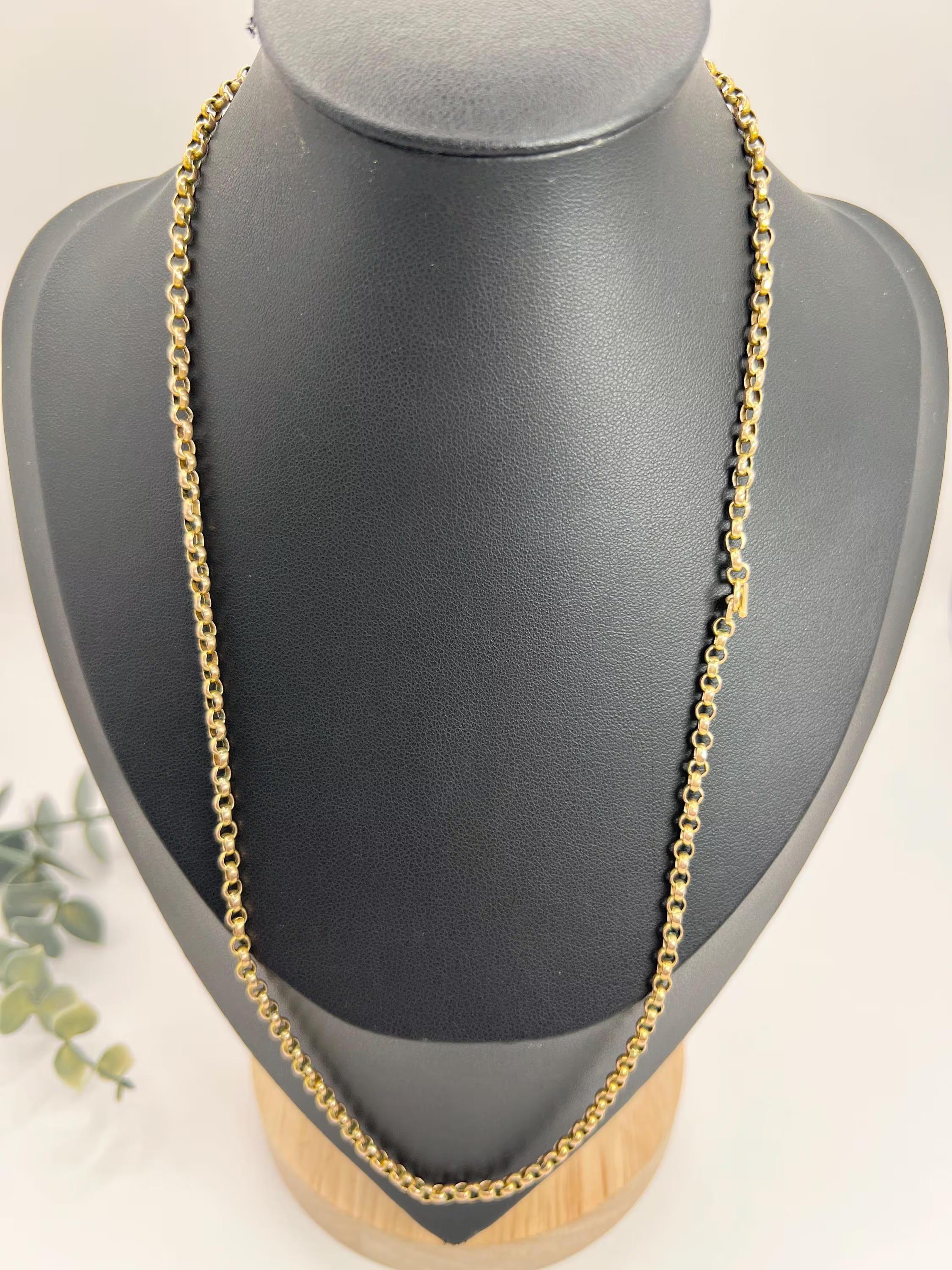 Antique 9ct Gold Edwardian 20 1/4 Inch Faceted Belcher Chain with Toggle Clasp In Good Condition For Sale In Brighton, GB