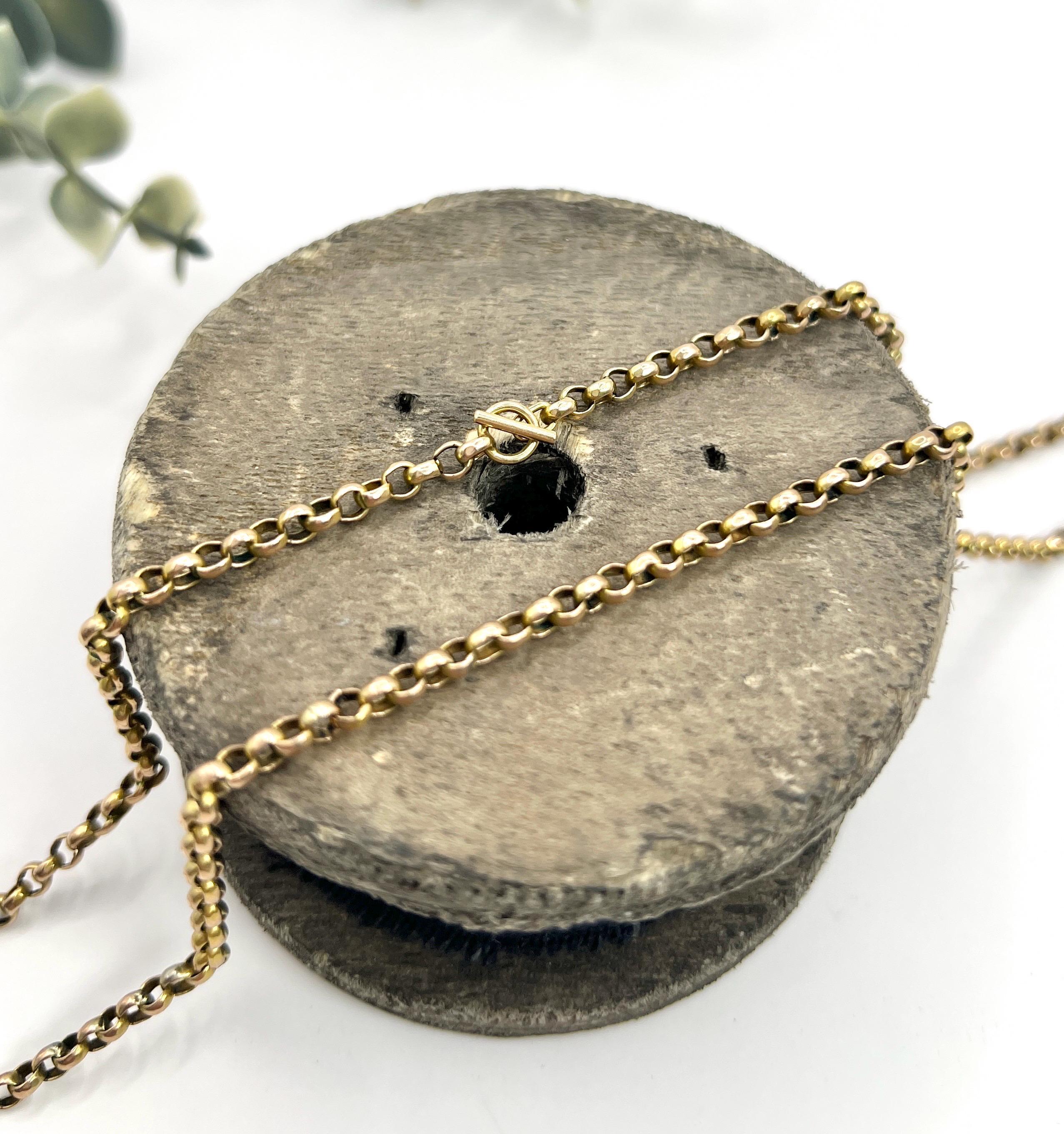 Antique 9ct Gold Edwardian 20 1/4 Inch Faceted Belcher Chain with Toggle Clasp For Sale 1