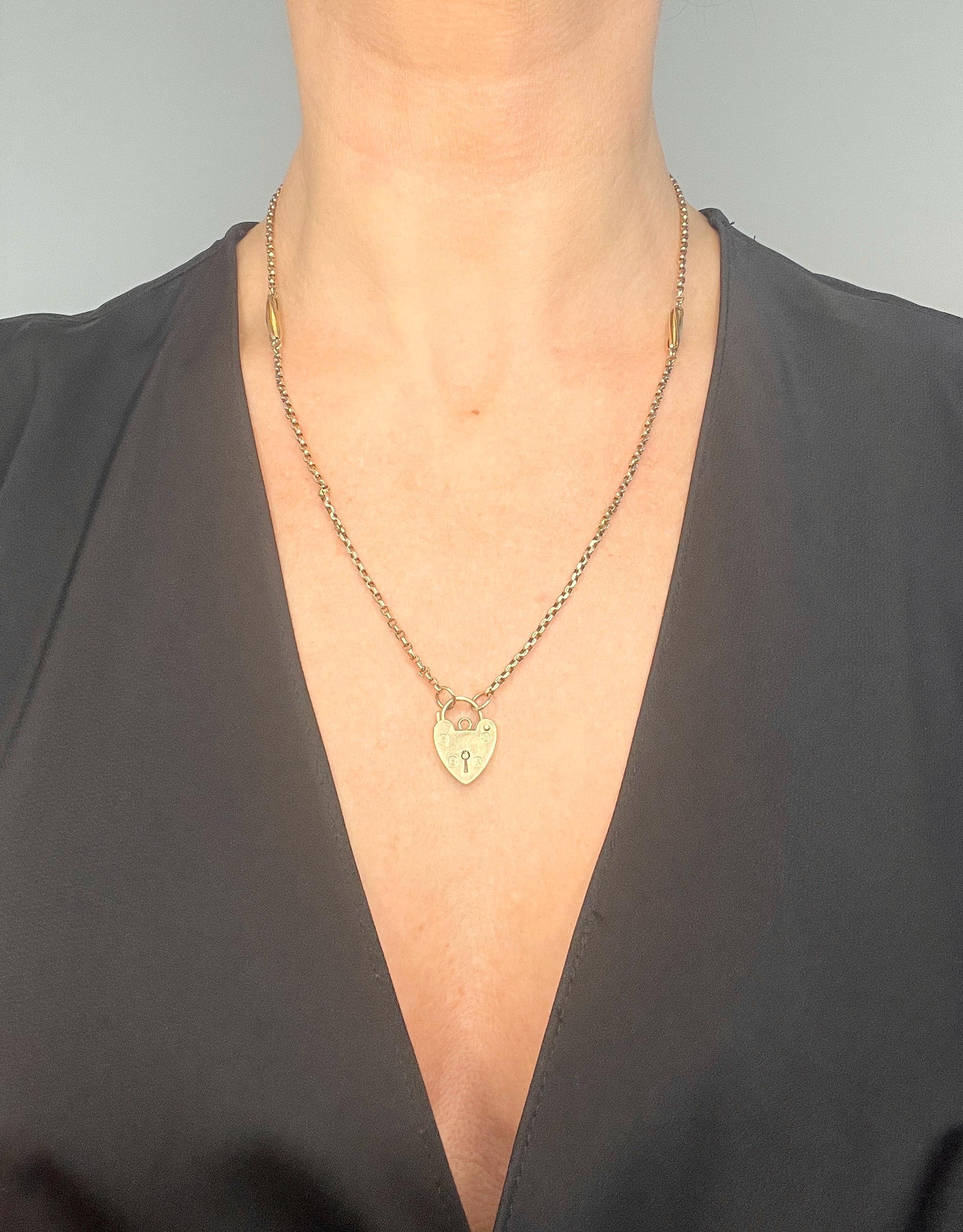 da uomo o donna Antica catena Belcher con lucchetto a cuore, in oro 9ct, Edwardian 21 Inch Fancy Link in vendita