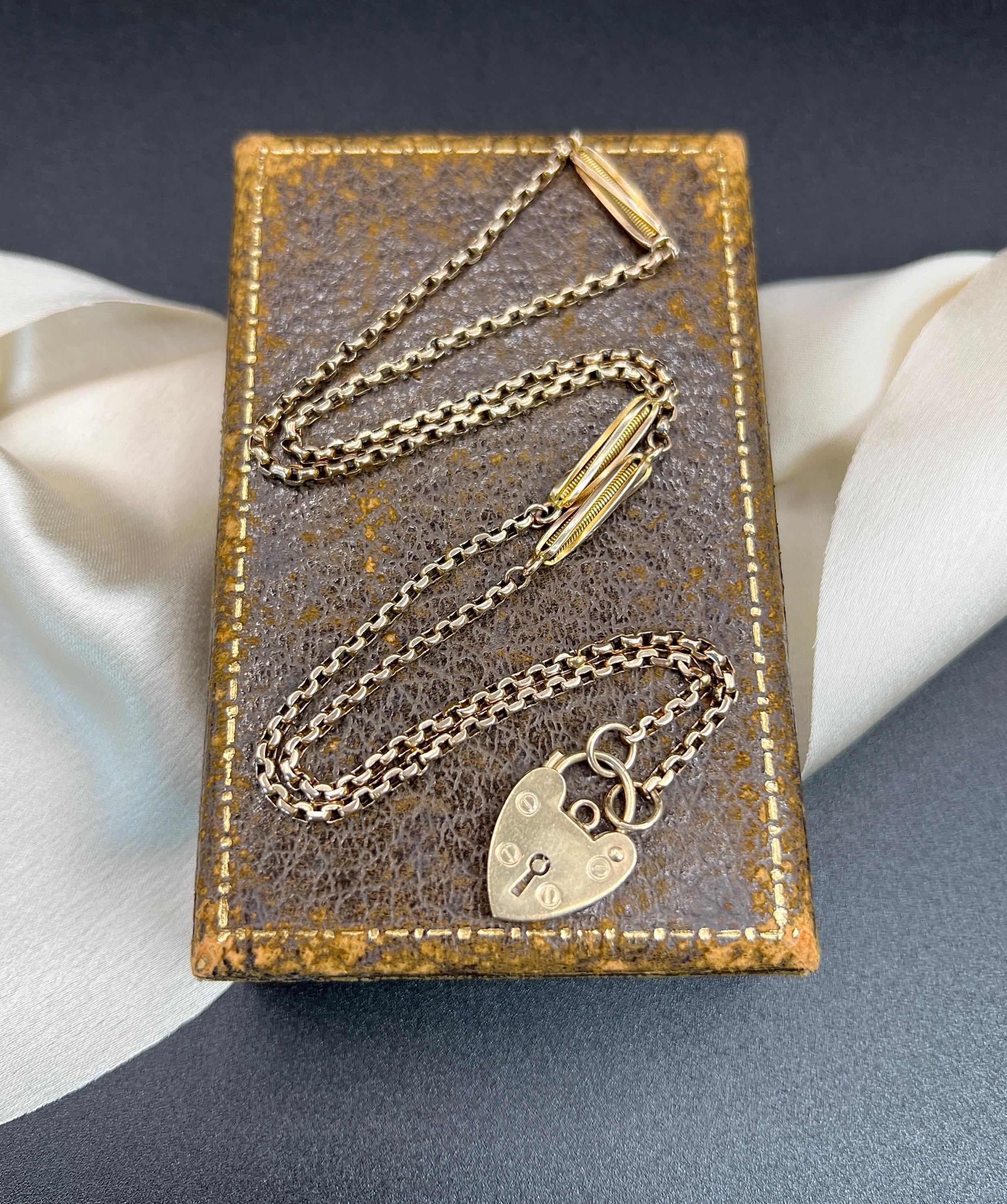 Antica catena Belcher con lucchetto a cuore, in oro 9ct, Edwardian 21 Inch Fancy Link in vendita 1