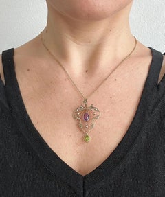 Antique 9ct Gold, Edwardian Amethyst, Pearl & Peridot Suffragette Pendant