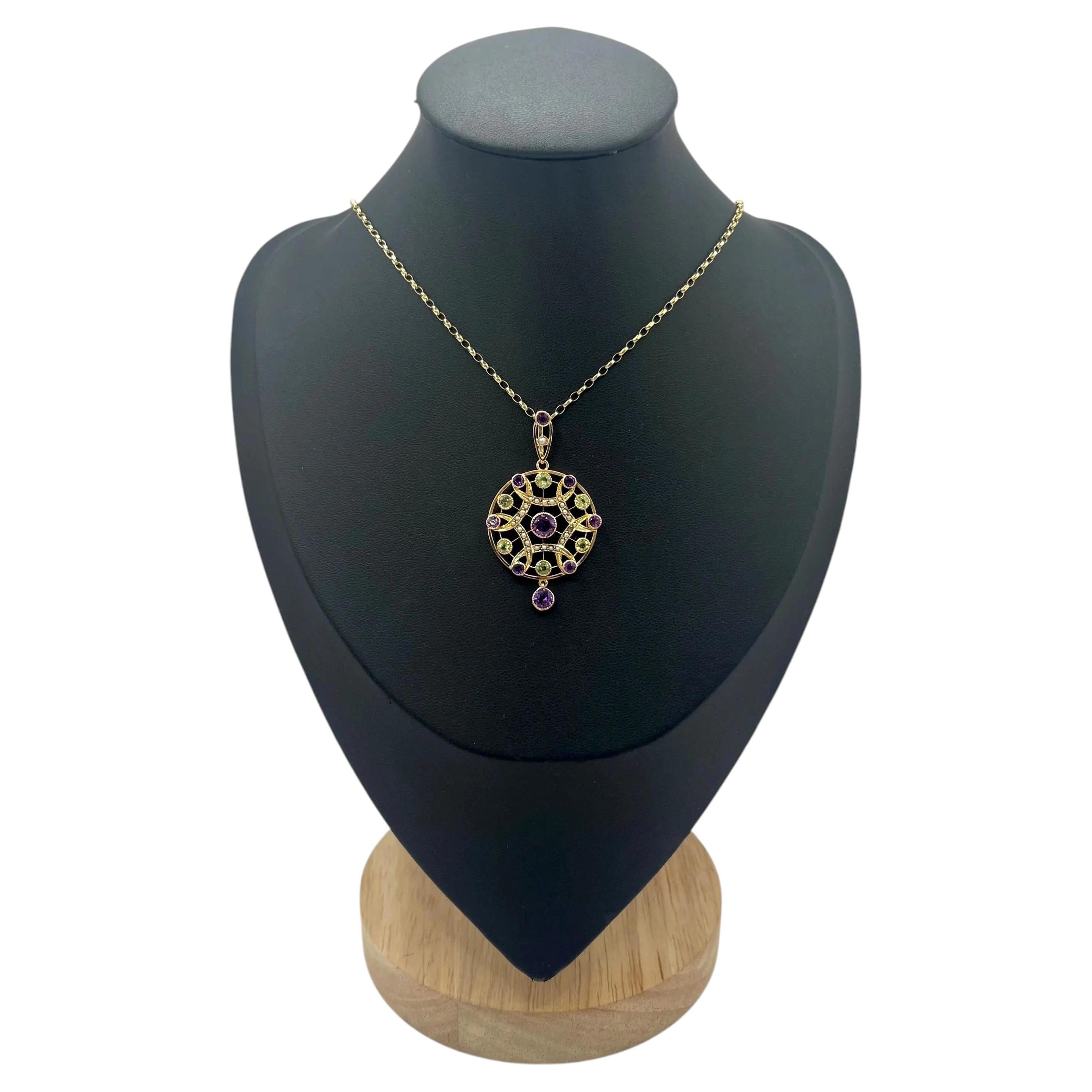 Antique 9ct Gold, Edwardian Amethyst, Pearl & Peridot Suffragette Pendant