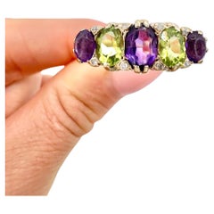 Antique 9ct Gold, Edwardian Amethyst, Peridot & Diamond Carved Suffragette Ring