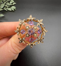 Antique 9ct Gold, Edwardian Amethyst & Seed Pearl Brooch/Pendant Necklace