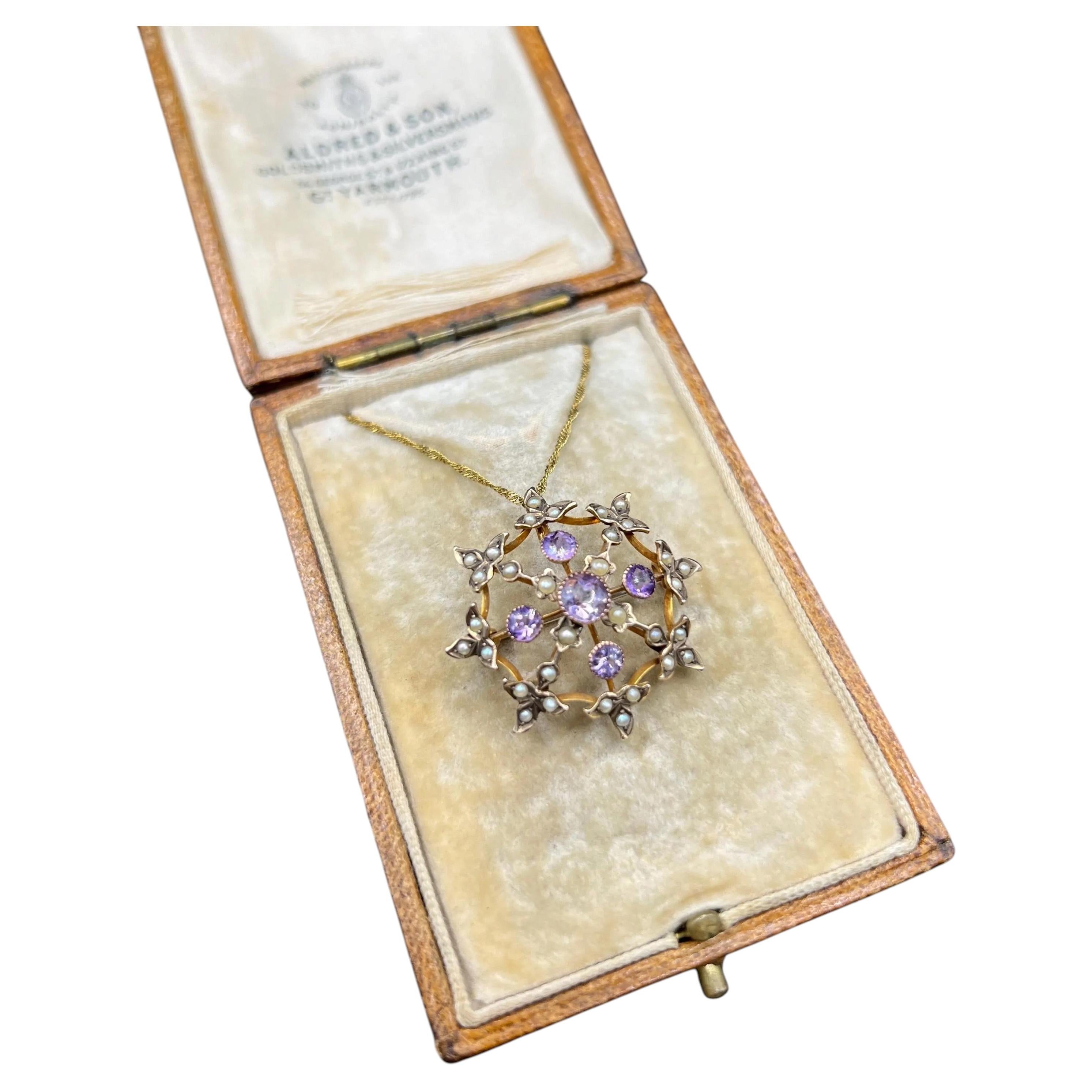 Antique 9ct Gold, Edwardian Amethyst & Seed Pearl Brooch/Pendant Necklace