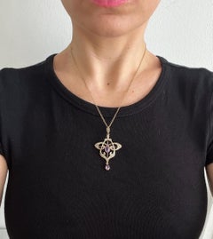 Pendentif / broche ancienne en or 9ct de style édouardien en améthyste et perles de rocaille