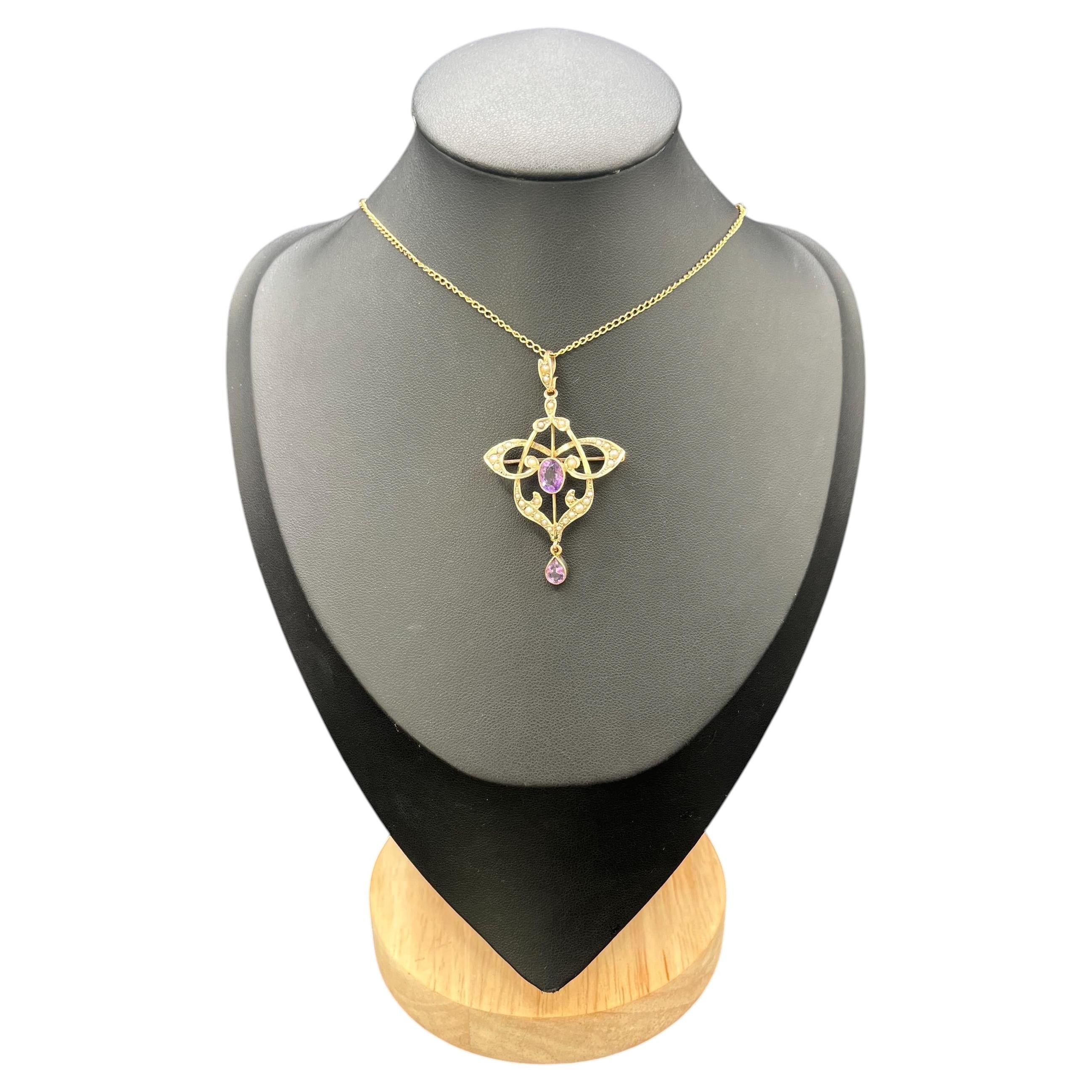 Antique 9ct Gold Edwardian Amethyst & Seed Pearl Pendant / Brooch
